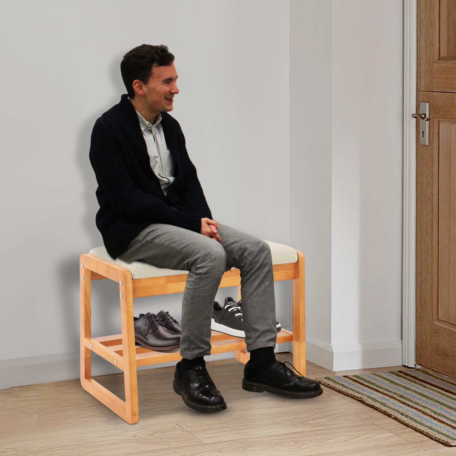 Zapatero de madera con asiento, zapatero con cojín, 2 niveles, para pasillo, armario, salón, 55 x 30 x 42 cm (color madera cerezo)