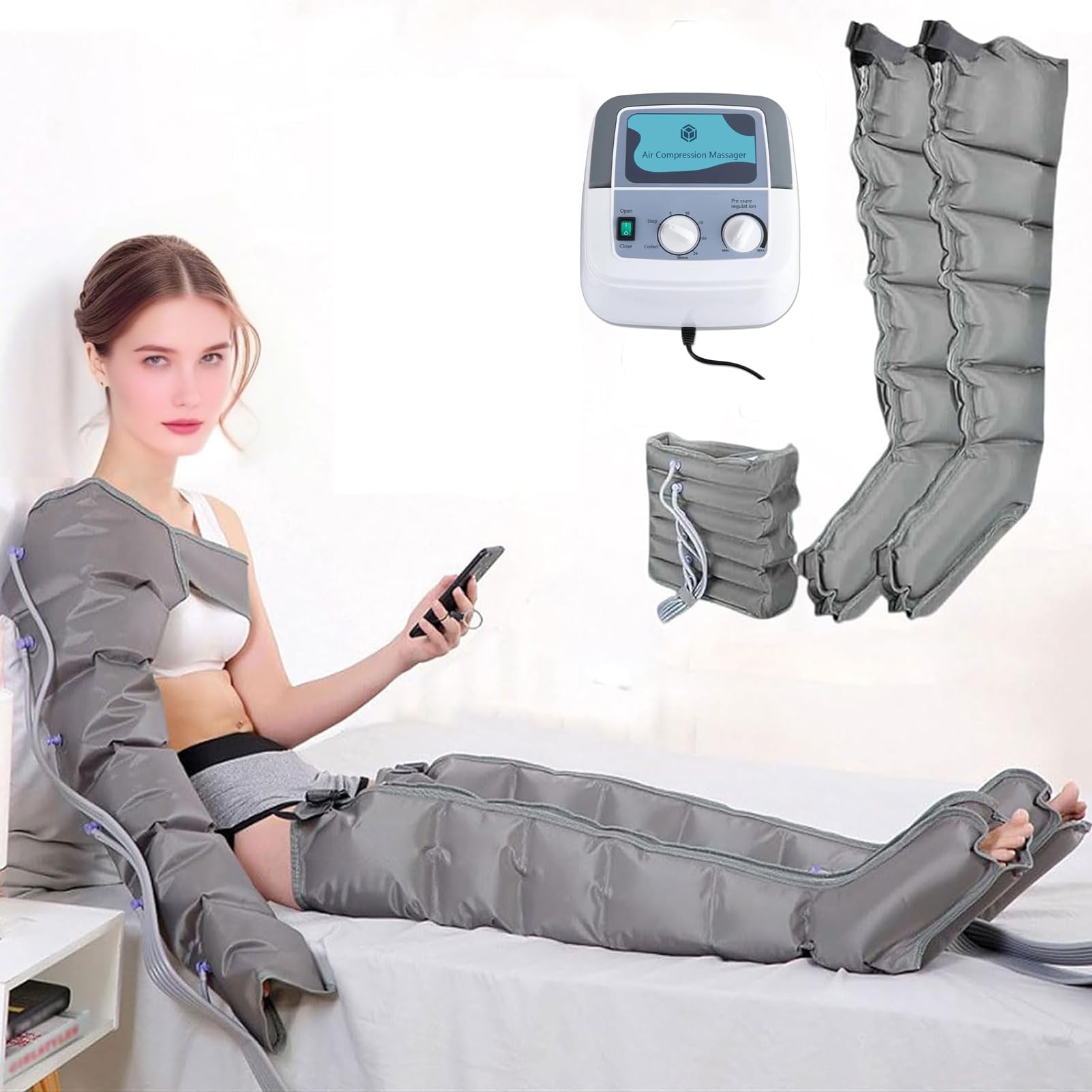 SXSLTSA 6 Cavity Pressotherapy Air Compression Leg Foot Massager, Lymphatic Drainage Massager Legs Lymphedema, Leg Compression Sleeve Machine, Blood Circulation, Timed and Adjustable Pressure