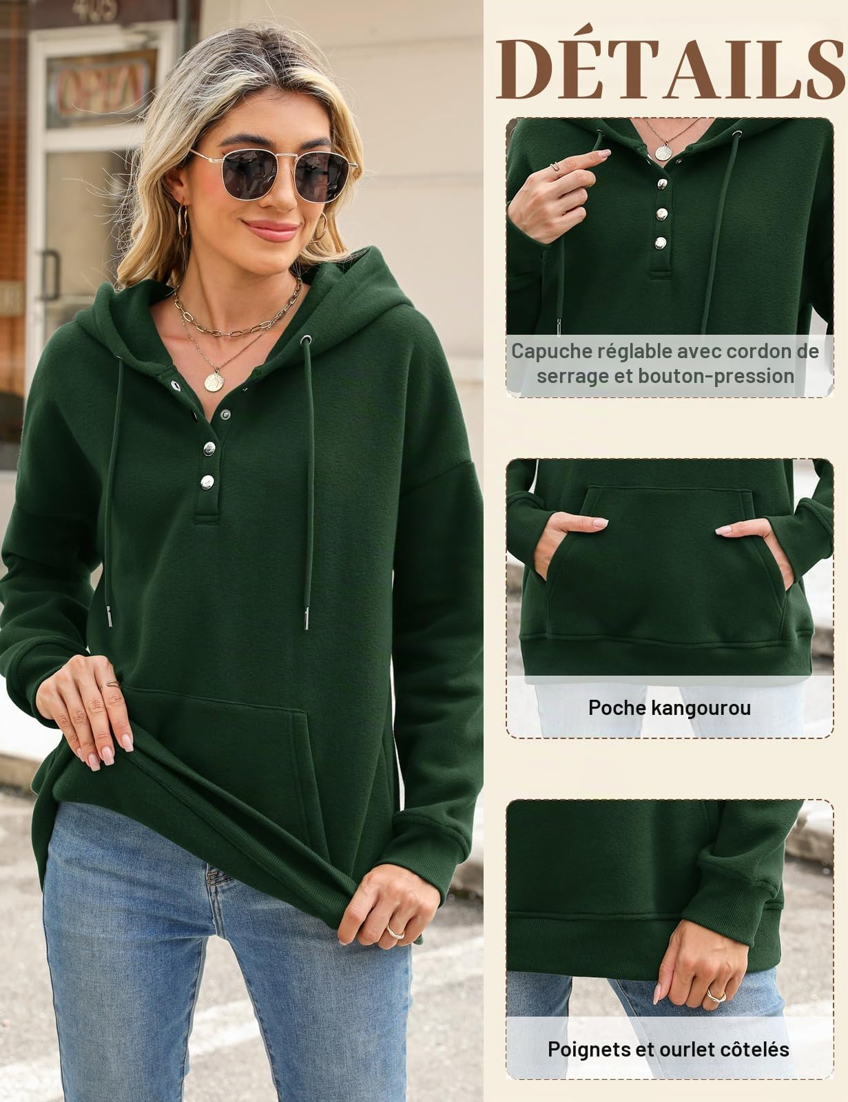 Xnova Sweats à Capuche Polaire Femmes Chaud Décontracté | Boutonné Hoodie Basic Casual Sweatshirts Pullover Tops avec Poche, Cordon de Serrage Manches Longues Automne Hiver