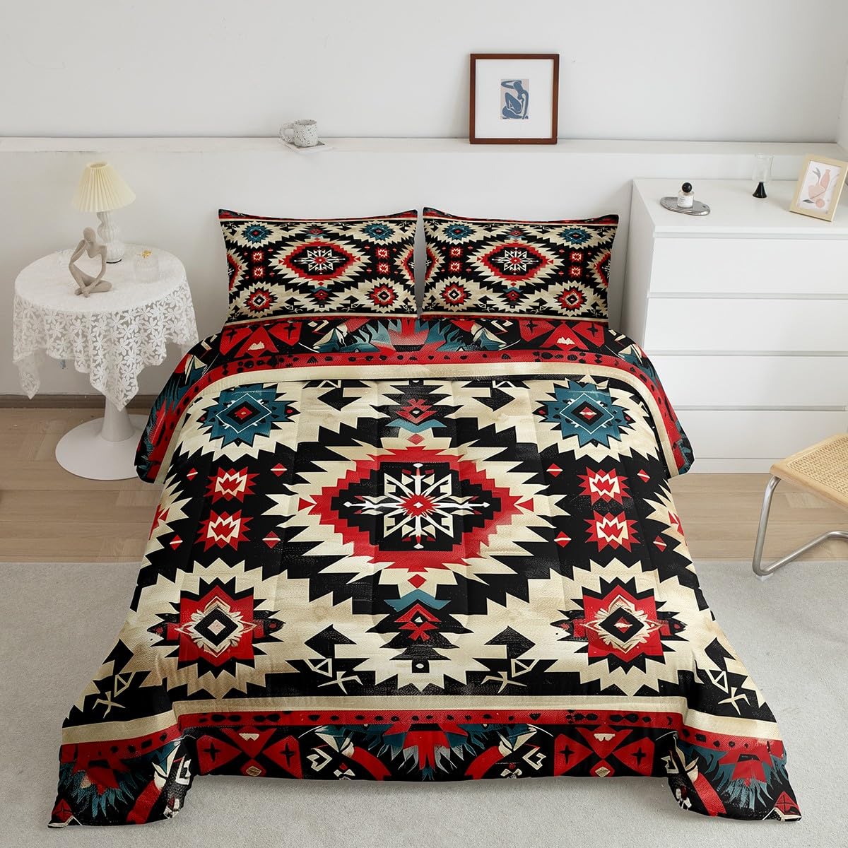 Feelyou Boho Comforter Set Queen Size Southwest Native American Design Comforter Southwestern Geometric Bedding Set Western Decor Duvet Set Black