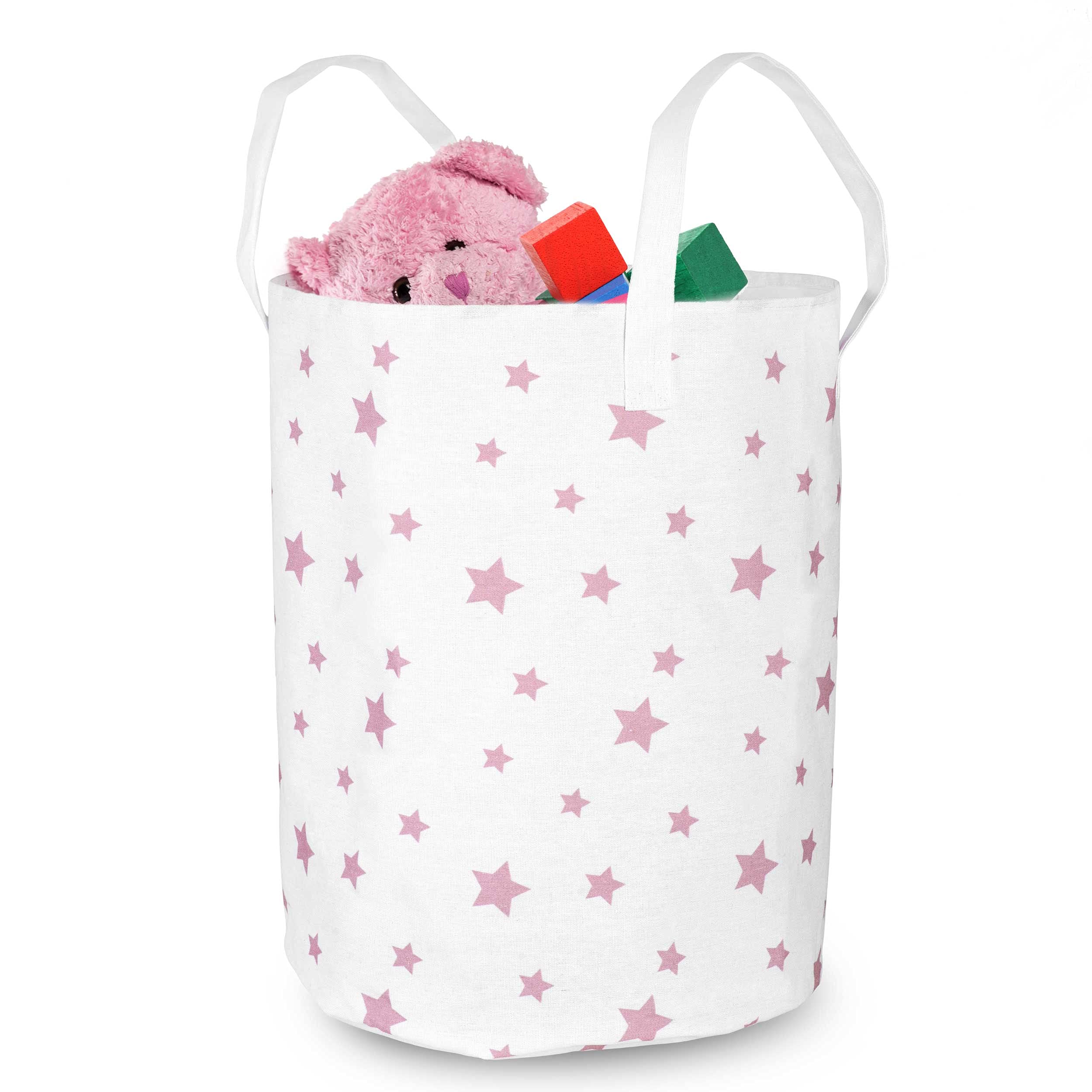 Nukido Cesta de juguete - Cubo de juguete - Cesta de almacenamiento para habitación infantil - Almacenamiento para ropa - Organizador de ropa y mantas - Grande - Blanco con estrellas - 60 cm x 35 cm