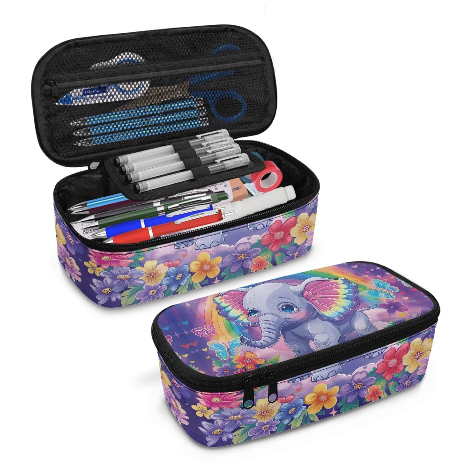 Elephant Baby Flower Pencil Case for Girls Large Pencil Pouch for Kids Butterfly Rainbow Pencil Bag for Children Cute Pencil Box for Boys Students Pencil Organizer Handbag for Study