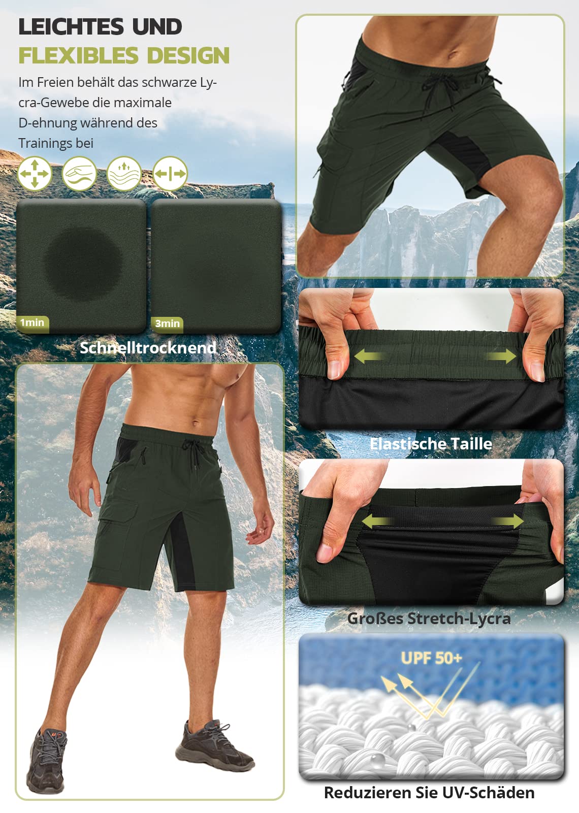 Hiauspor Pantalon de randonnée pour homme - Short de VTT - Léger - Séchage rapide - Avec 5 poches - Pour homme - Pour la randonnée, le plein air, le trekking, l'été, le travail et le sport, vert, XXXL