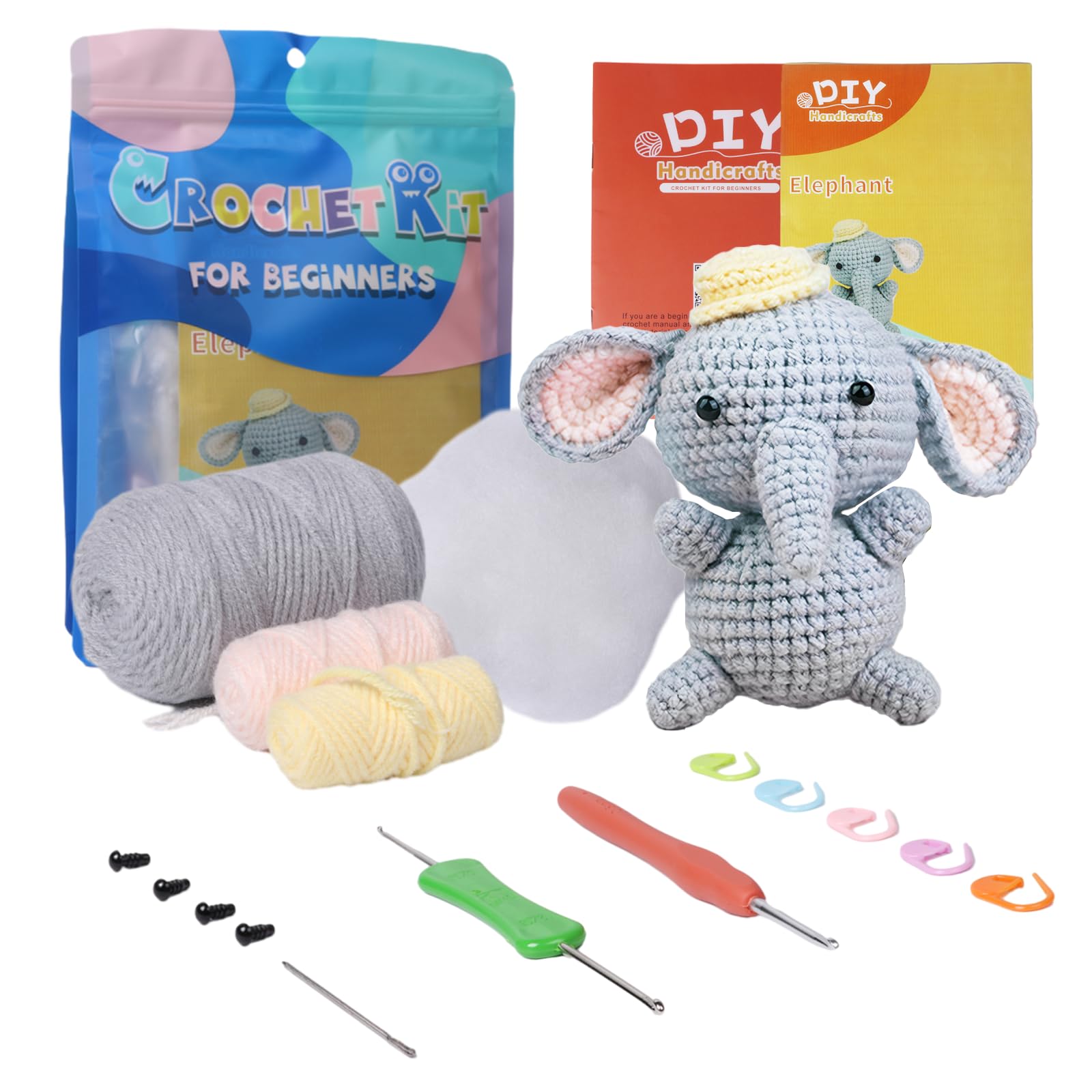 Umootek Crochet Kit for Beginners, Animals Knit Crochet Material Kit with Step-by-Step Video Tutorials and Yarns, Hook, Accessories, Handmade DIY Woolen Knitting Kit(Elephant)
