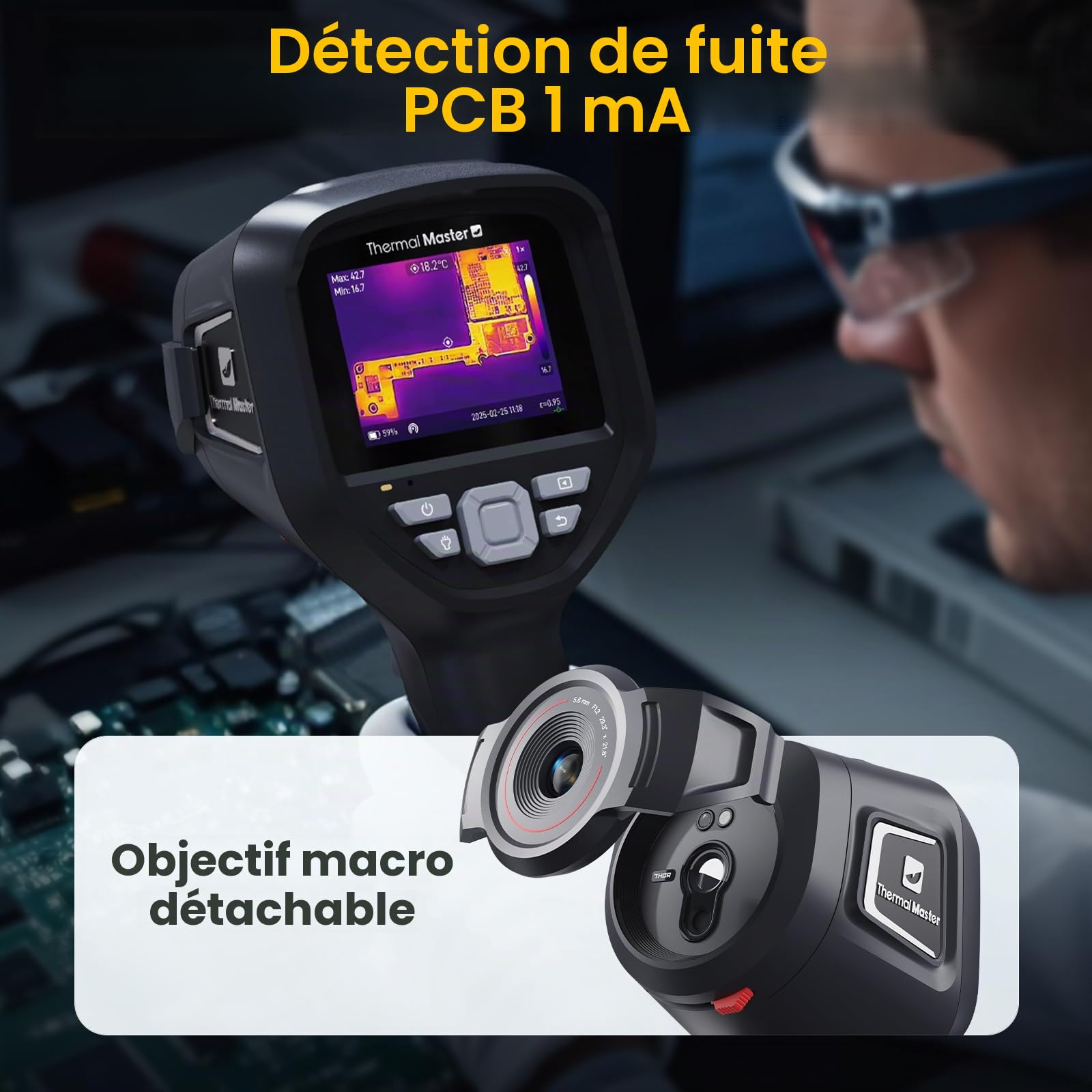 Thermal Master Thor001 Caméra thermique avec macrolens Super résolution 512 x 384 Caméra infrarouge portative ± 1,5 °C Précision 2M Pixel Caméra visuelle PC/Wifi APP Analyse d'image (Thor 001 Noir)
