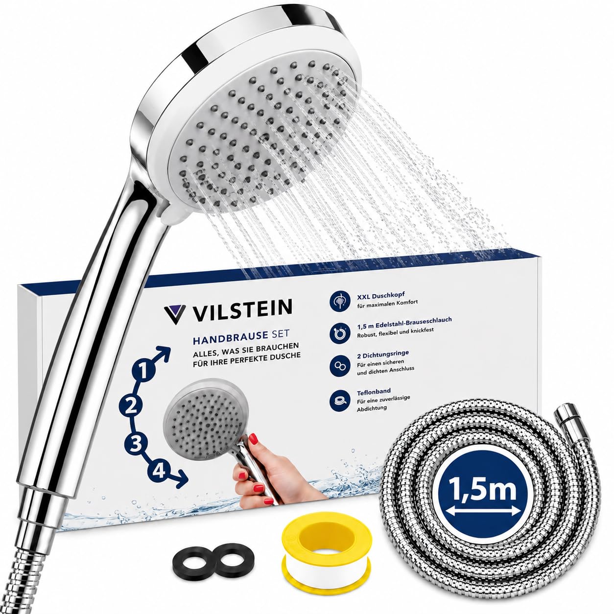 VILSTEIN® Duschkopf mit Schlauch 1,5m – Handbrause mit 4 Strahlarten & Verdrehschutz – Edelstahl Brauseschlauch – G1/2 Universalanschluss – Silikon-Düsen kalkresistent