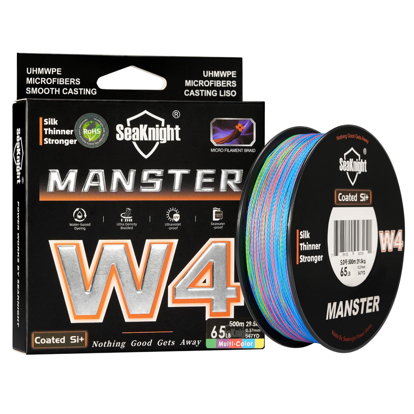 Seaknight W4 4 Strands Braided Lines 300M/500M Super Smooth PE Multifilament Line Carp Fishing Lines Double Coating UV-proof Saltwater-proof Fishing Line for Saltwater Sea Fishing 15-100LB