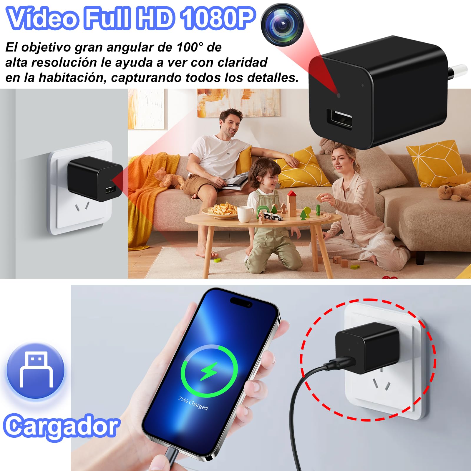 TANGMI Camara Espia Cargador USB 1080P HD Oculta | Sin WiFi, Grabacion Bucle, Deteccion Movimiento, Invisible, SD 128GB, Plug and Play