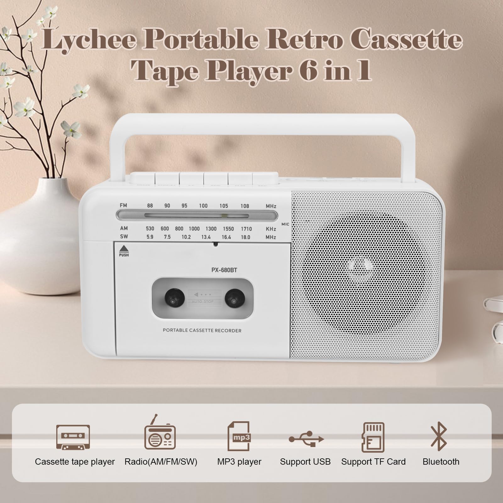 Magnétophone Portable, Lychee magnétophone à Cassettes Vintage avec Radio AM/FM/SW, Haut-Parleur intégré, Prise Casque AC/DC/3,5 mm, Support de Carte TF/entrée USB (Blanc)