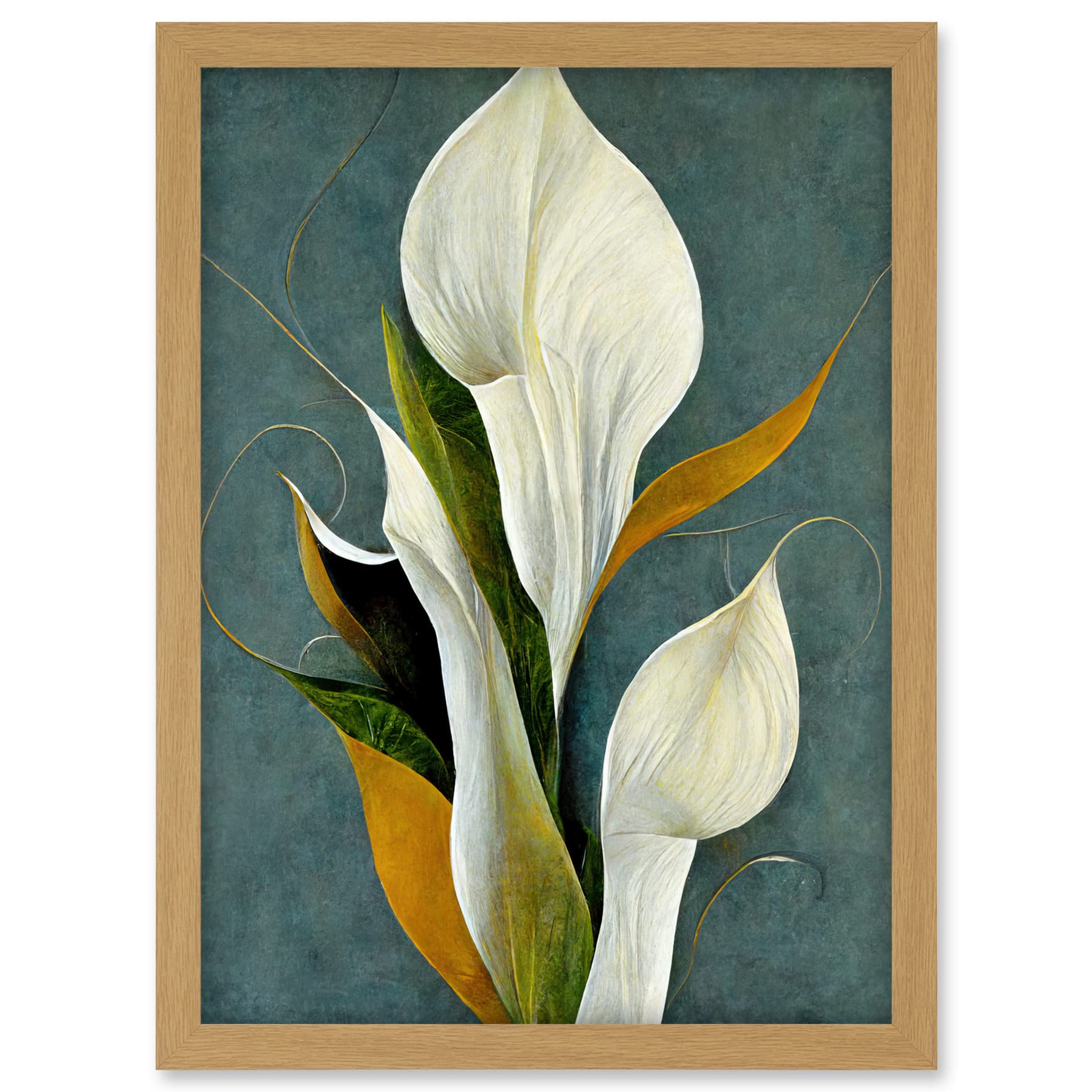 Doppelganger33 LTD White Calla Lily Bouquet Flowers In Blue Background Realism Artwork Framed A3 Wall Art Print