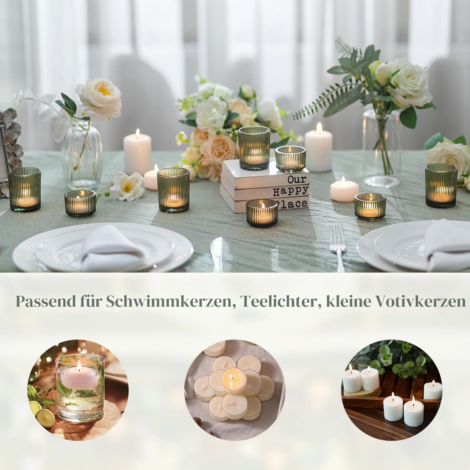 Hewory 24er Set Teelichtgläser Grün Teelichthalter Glas für Tischdeko | Zwei Größen, Dickes Premium-Glas, Windlicht für Teelicht Wohnzimmer Deko Weihnachten Hochzeit Party Konfirmation Großpack