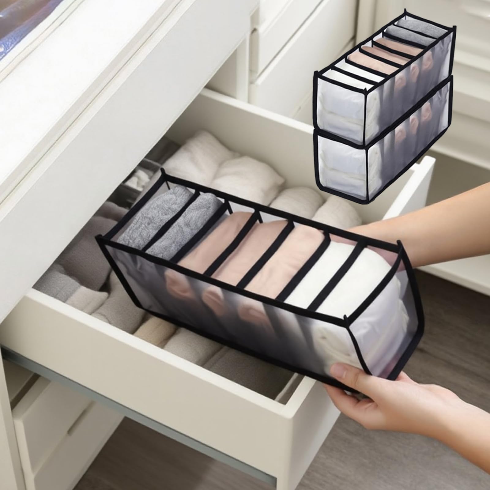 Photo 1 of 2-Pack Underwear Storage Organizer, 7-Compartment Foldable Drawer Divider for Home, Closet, and Travel Use, Mesh Fabric Organizer Box for Clothing
