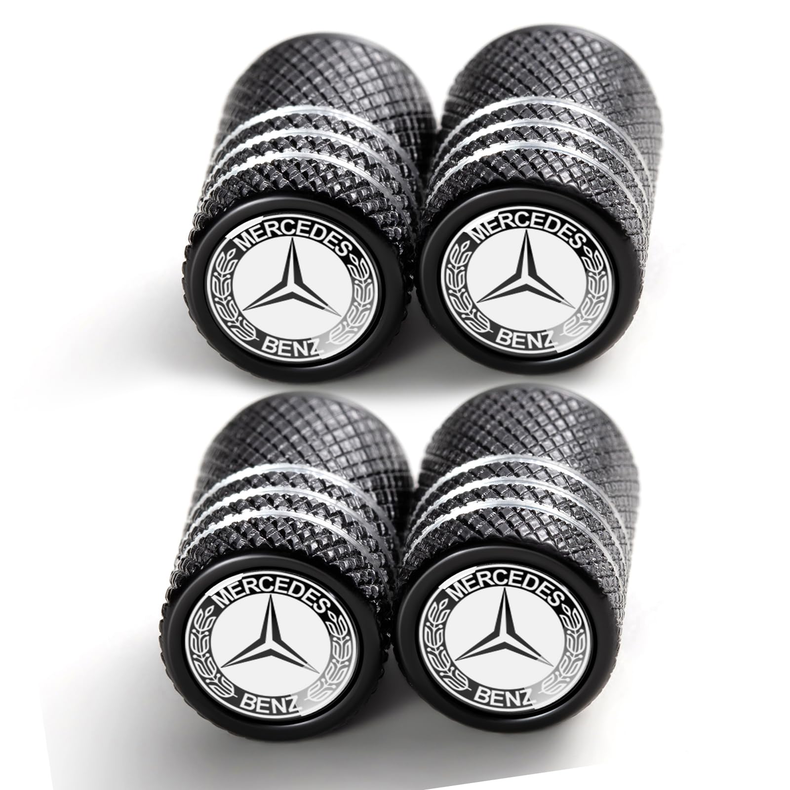 (Silver cap with black logo) Tire Valve Stem Cap Cover for Mercedes-Benz A-Class C-Class CLA CLS AMG GLC GLE GLS Belt O-Ring Seal Corrosion Resistant tire Valve caps 4 Pc