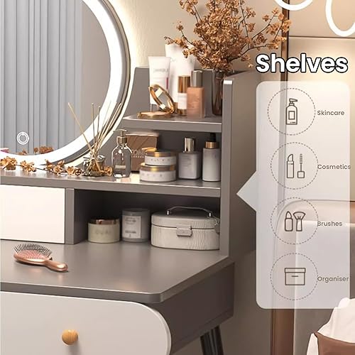 Miniatura 5 de Mesa de tocador de maquillaje con 3 cajones y 4 estantes, escritorio de tocador con espejo iluminado LED, brillo ajustable de iluminación, mesas de