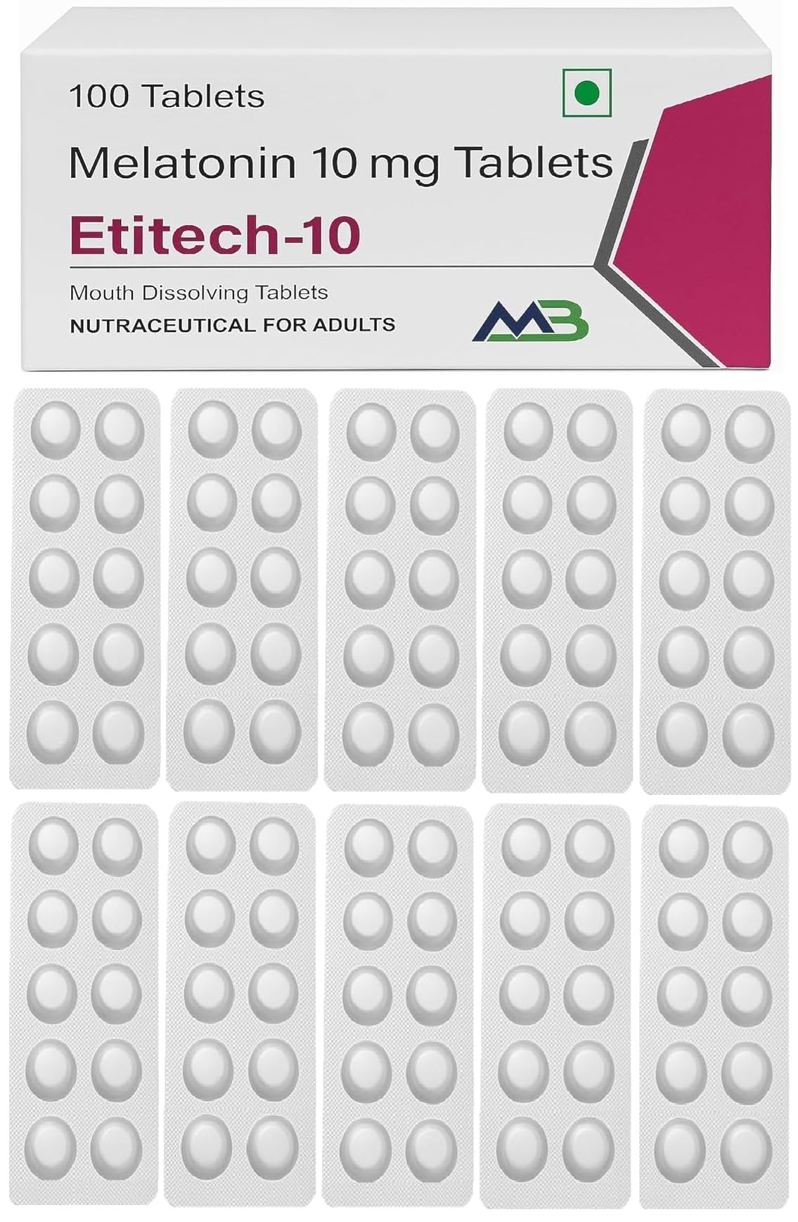 Etitech-10, 100 Tablets , Melatonin 10mg Mouth Dissolving/Chewable Tablet Vanilla Flavour | Nutritional Supplement | Vegetarian | Natural Sleeping Aid pills for Restful Deep Sleep| Nutraceutical For Adults
