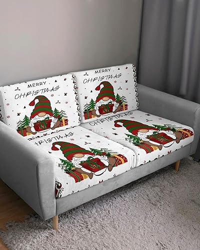 Miniatura 3 de Red Green Gnomes Christmas Couch Cushion Covers, Stretch Sofa Cover with Elastic Bottom, Xmas Tree Snowflake Gifts Sofa Slipcovers Protector