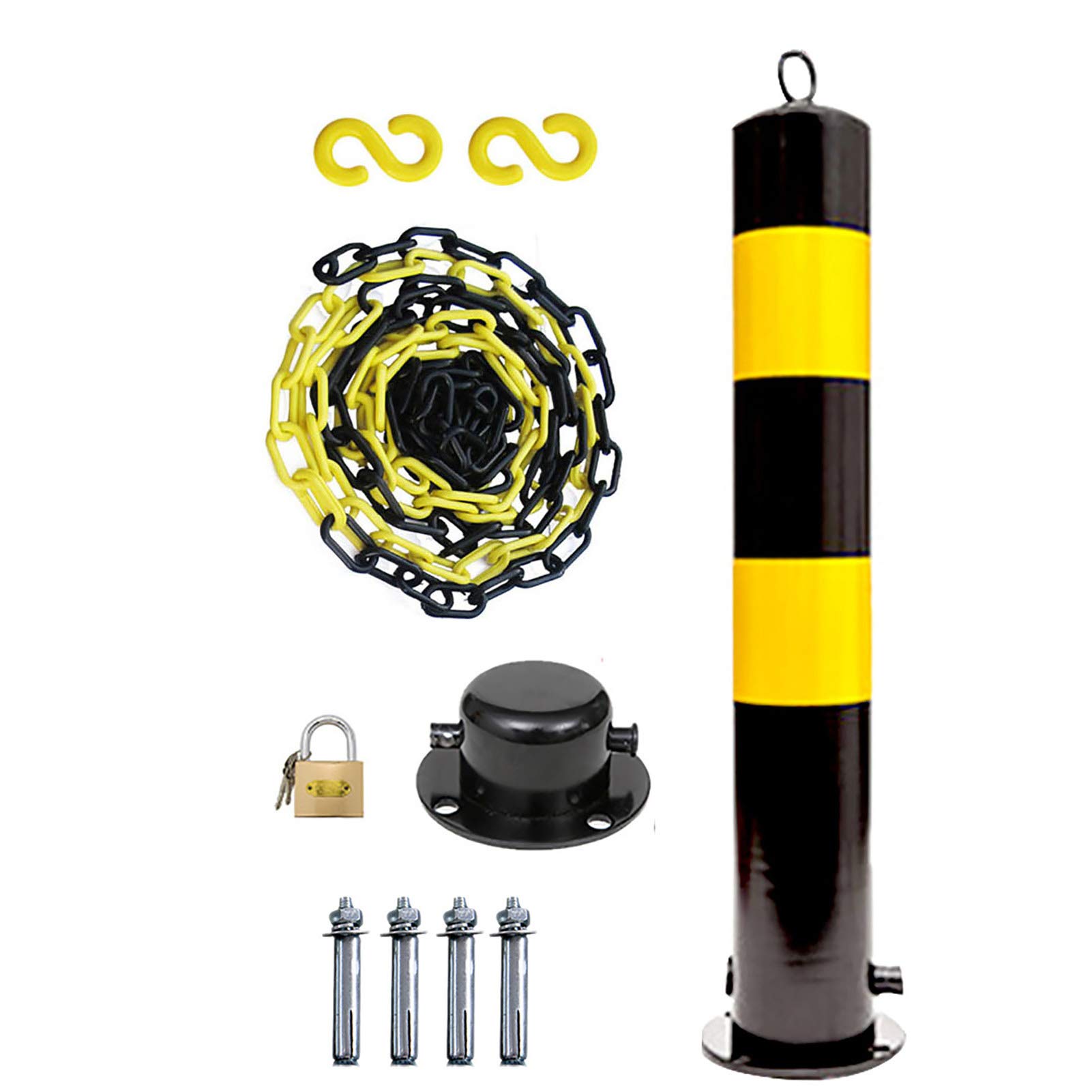 Paletto di parcheggio per Auto e Set di Catene di bera in plastica da 5 m con Anello di Sospensione e Nastro Riflettente con Base Mobile (100 × 11,4 cm (39,4 × 6,3 Pollici)) (100 × 11,4 cm (39,4