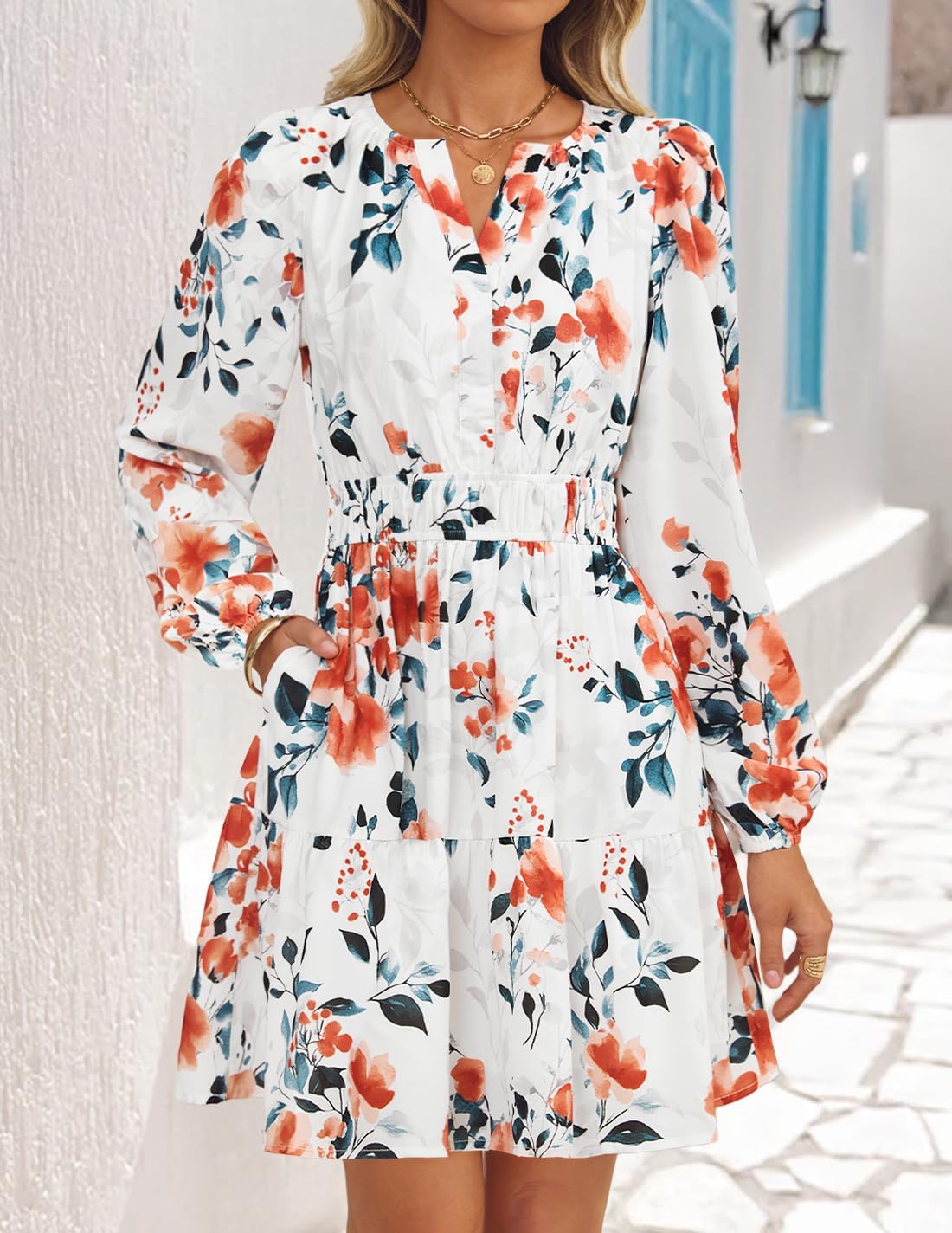 ZESICA Womens Spring Long Sleeve Floral Mini Dress 2026 Summer Boho V Neck A-Line Flowy Dresses Beach Vacation Clothes - Image 4