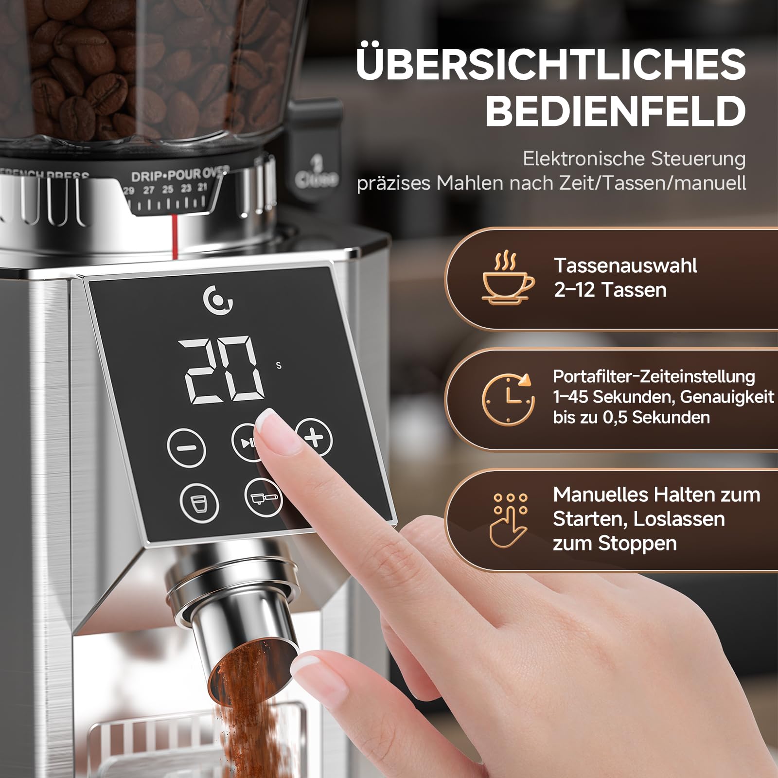 AMZCHEF Kaffeemühle mit 45 Mahlgraden, Edelstahl, Plasma Anti-Statik System, Speicherfunktion, LED-Touchdisplay, 300g Bohnenbehälter, Kaffeemühle für Siebträger, Espresso, Filterkaffee & French Press