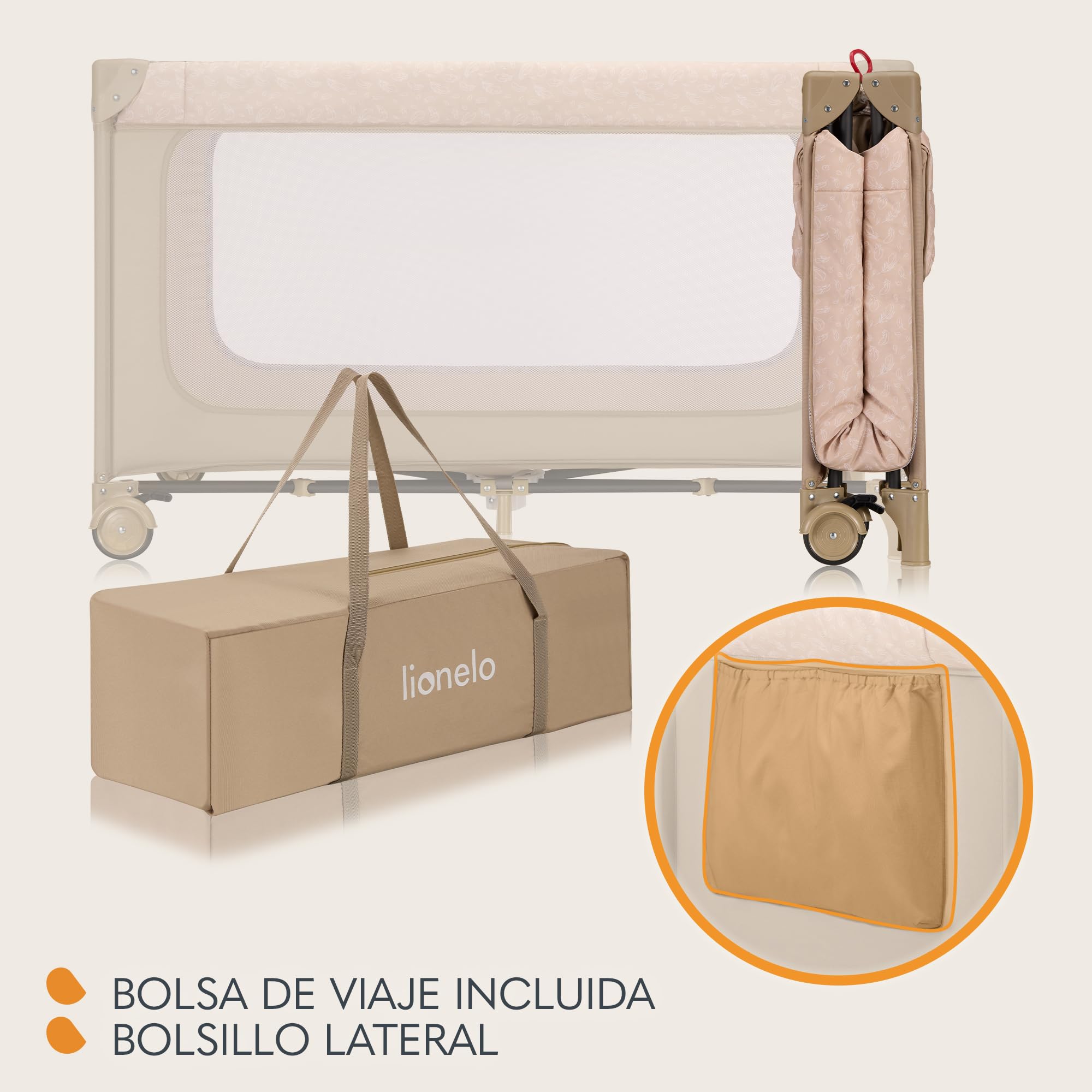 lionelo Jasmin Easy FoldCuna de Viaje para Niños de hasta 15 kg de 0 a 36 Meses Colchón de Espuma T25, 2 Niveles de Altura, Easy Fold, Entrada Lateral, Ruedas (Beige)