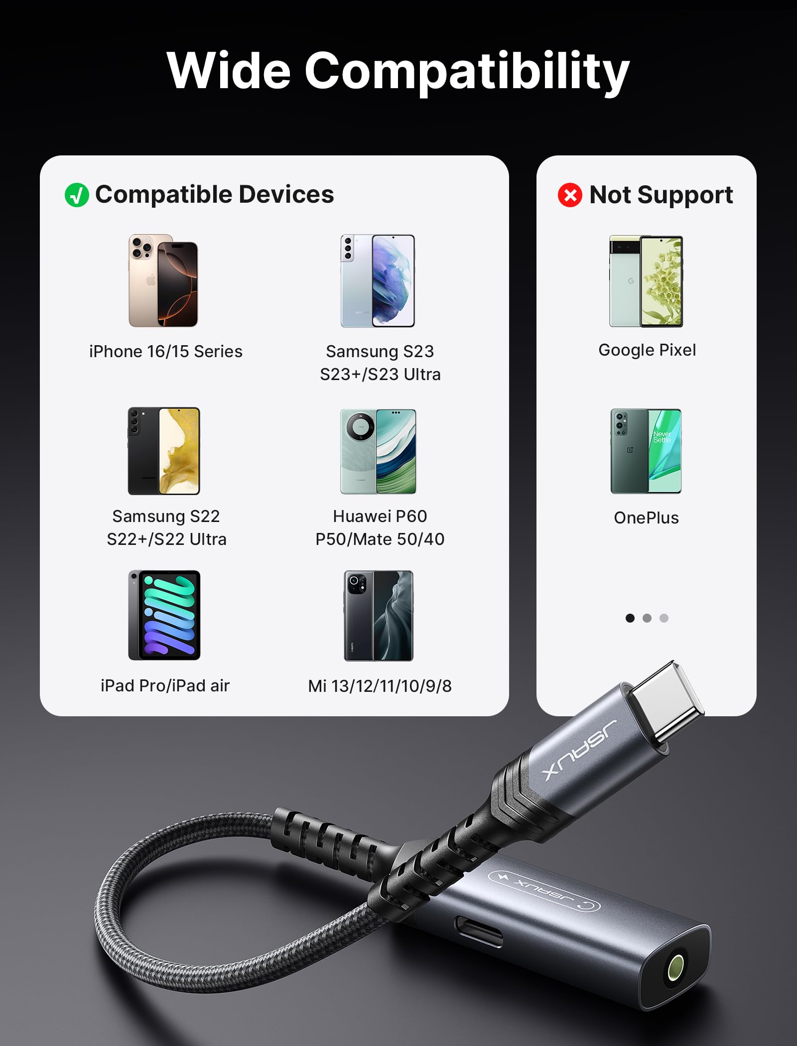 JSAUX Adapter do słuchawek USB C i ładowarka, adapter jack 2 w 1, 60 W, szybkie ładowanie, typ C, AUX 3,5 mm, gniazdo audio kompatybilny z iPhone 16 Pro/16 Pro Max/16/16 Plus/15 Pro Max, Samsung