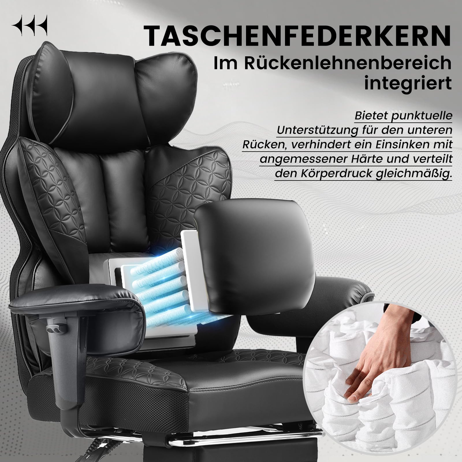 COMHOMA Gaming Stuhl, ergonomischer Bürostuhl, Schreibtischstuhl mit verstellbare Armlehnen, Taschenfederkern-Lendenwirbelstütze für große und hohe Personen, 180 kg, breiter Sitzfläche, schwarz