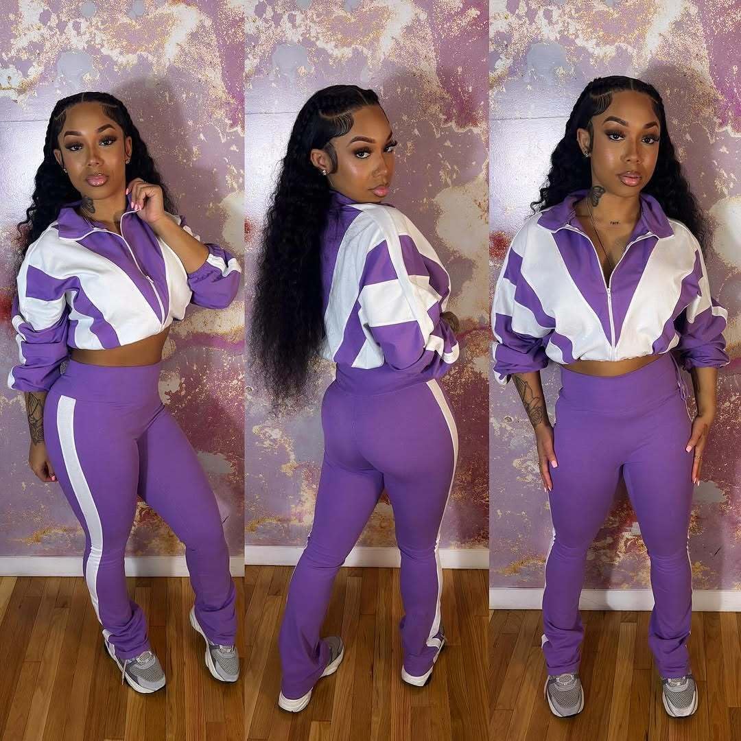 Women's 80s Color Block Tracksuit 2 Piece Outfit Zip Up Crop Jacket and Bodycon Pants Set Long Sleeve Sweatsuit