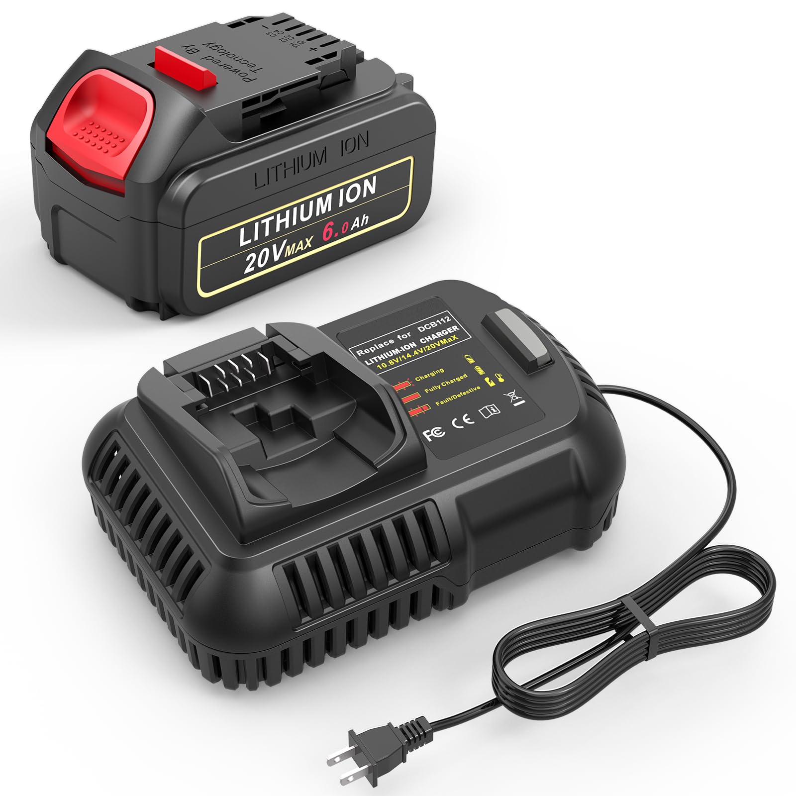 Djsanu 20V 6000mAh Long-Lasting Battery Compatible for DeWalt 20V Max Battery with DCB112 Fast Charger, Campatible with DeWalt 20 Volt Power Tools DCF