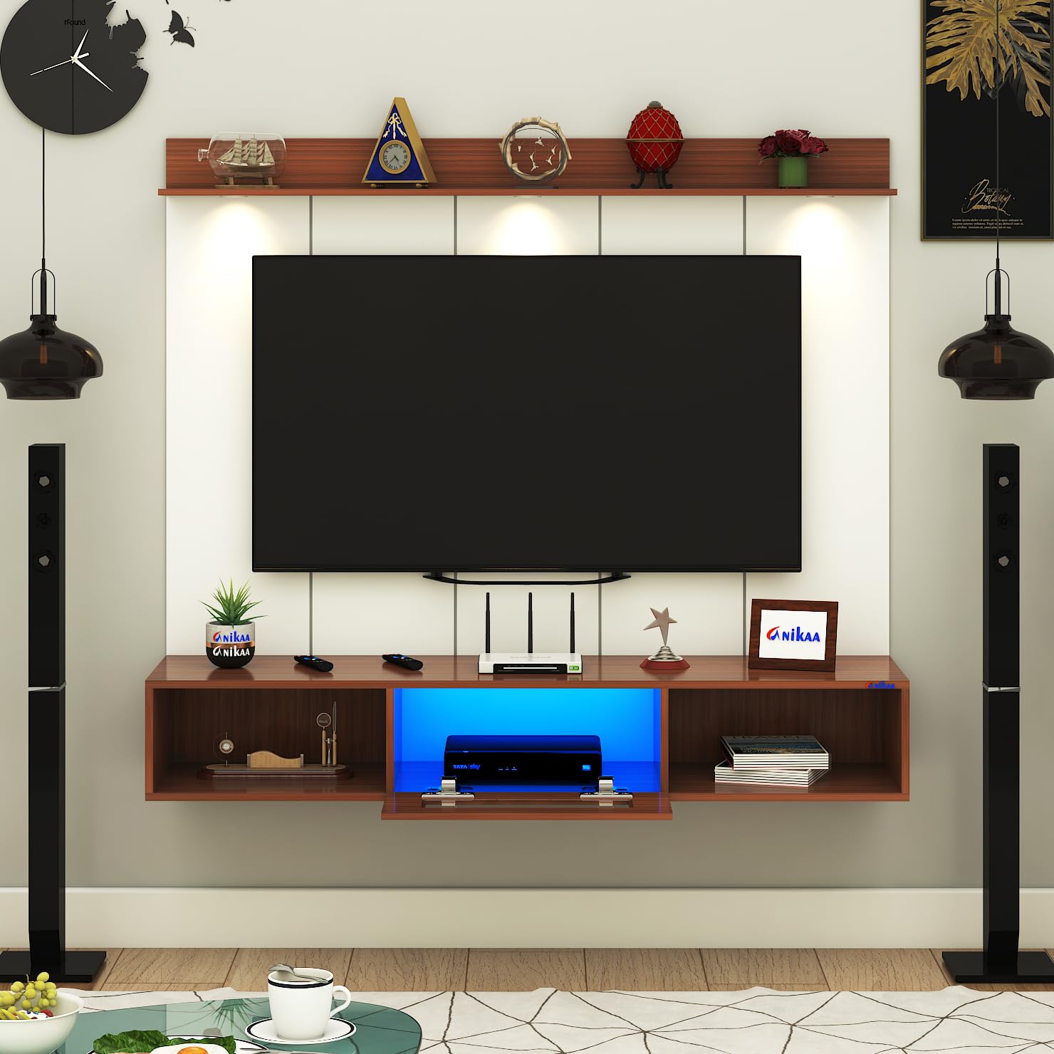 Anikaa Novus PVC Back Panel Wall Mounted TV Unit with Spot & Blue Ambient LED Light - Acrylic Storage Box, Display Shelf & Soft-Close Hinges | Ideal for UP to 50 Inch TV (Walnut - DIY Installation)-image-36