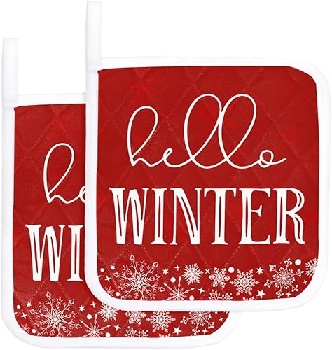 2 Packs Hello Winter Pot Holders Sets for Kitchen,Oven Pan Plate Bowl Pads Heat Proof Mat with Hanging Loop,Thick Terry Cloth Potholders Non Slip