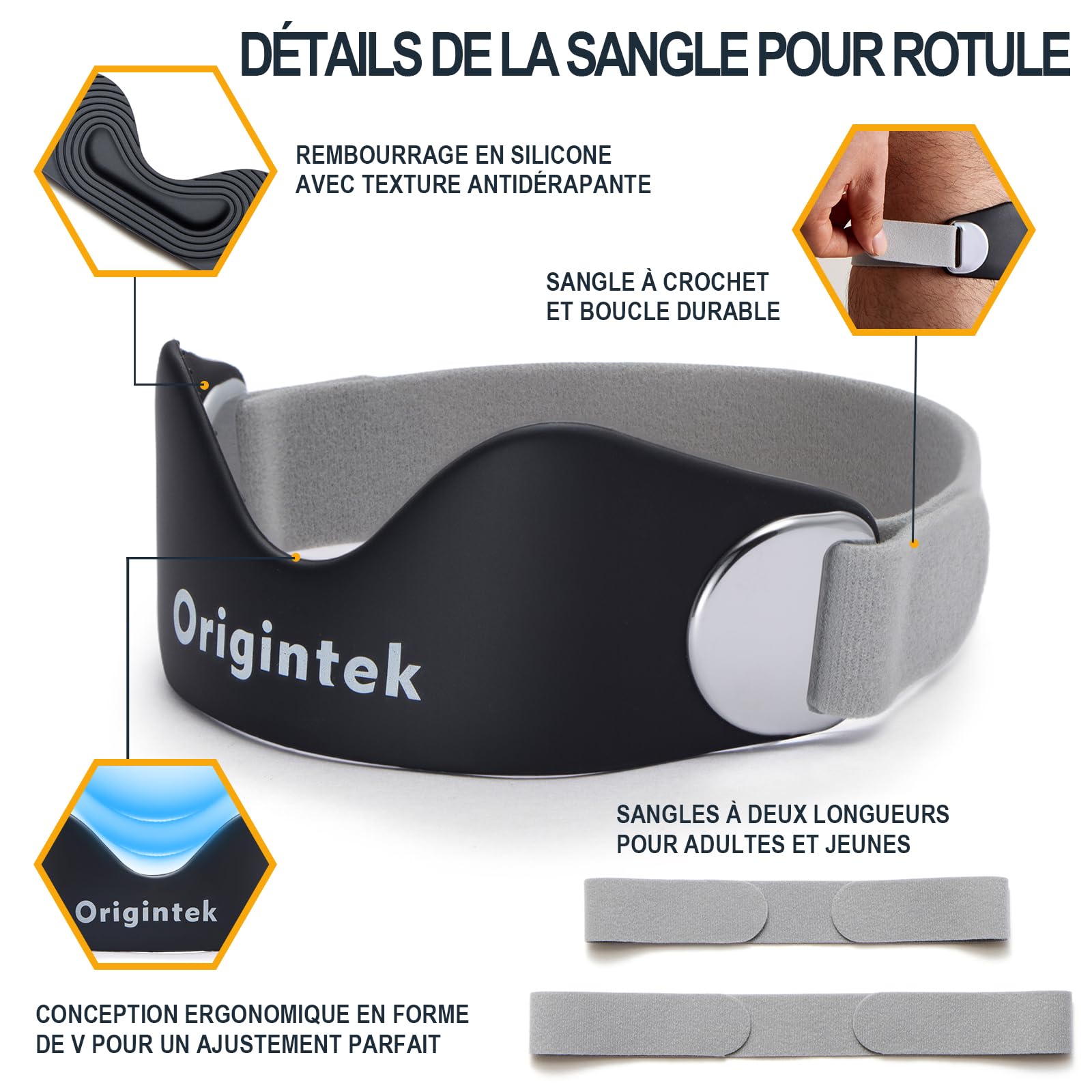 Genouillère Rotulienne Ajustable Antidérapante, Sangle de Tendon Rotulien pour Tendinite, Genou du Sauteur, Course à Pied Basket Volley Squat, 1 Pièce avec 2 Sangles Interchangeables Adultes Ados