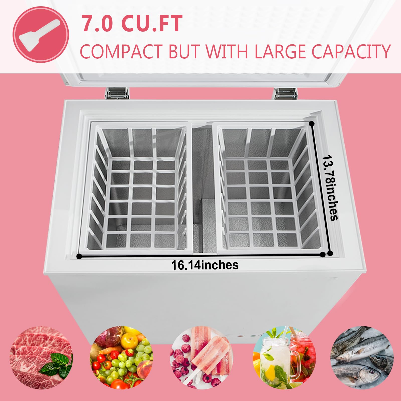 Krib Bling Chest Freezer With Freezer Basket, 7.0 Cu. Ft Mini Freezer 7 Temperature Levels Thermostat, Top Door Open, Ideal For Home, Kitchen & Office, White on Fridge.com - View 4