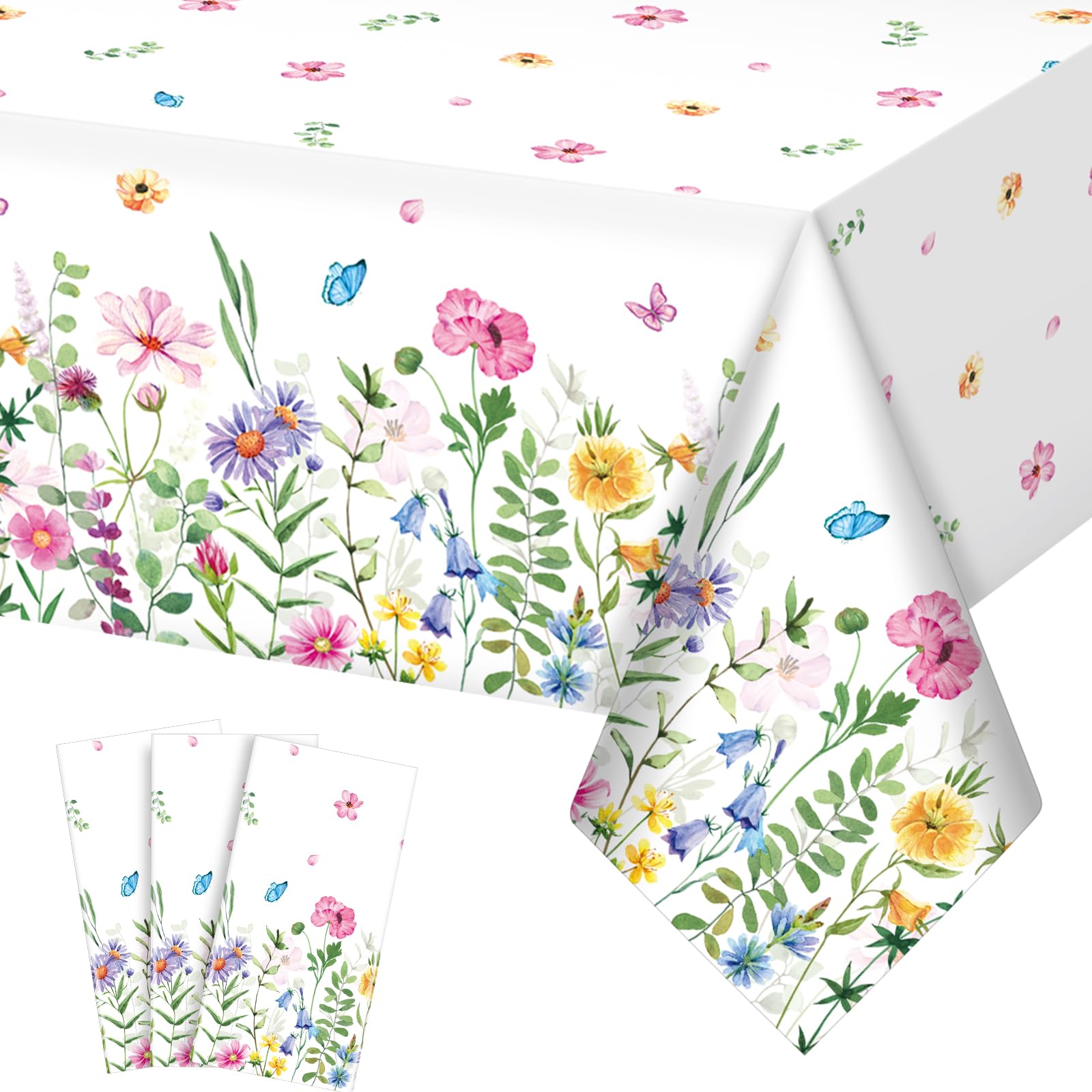 4Pcs Spring Floral Tablecloth,Watercolor Pink Purple Blue Flower Butterfly Plastic Table Cover For Home Decor, Summer Spring Picnic, Dining, Holiday, Weeding,Tea Party Supplies Decorations,54x108 Inch