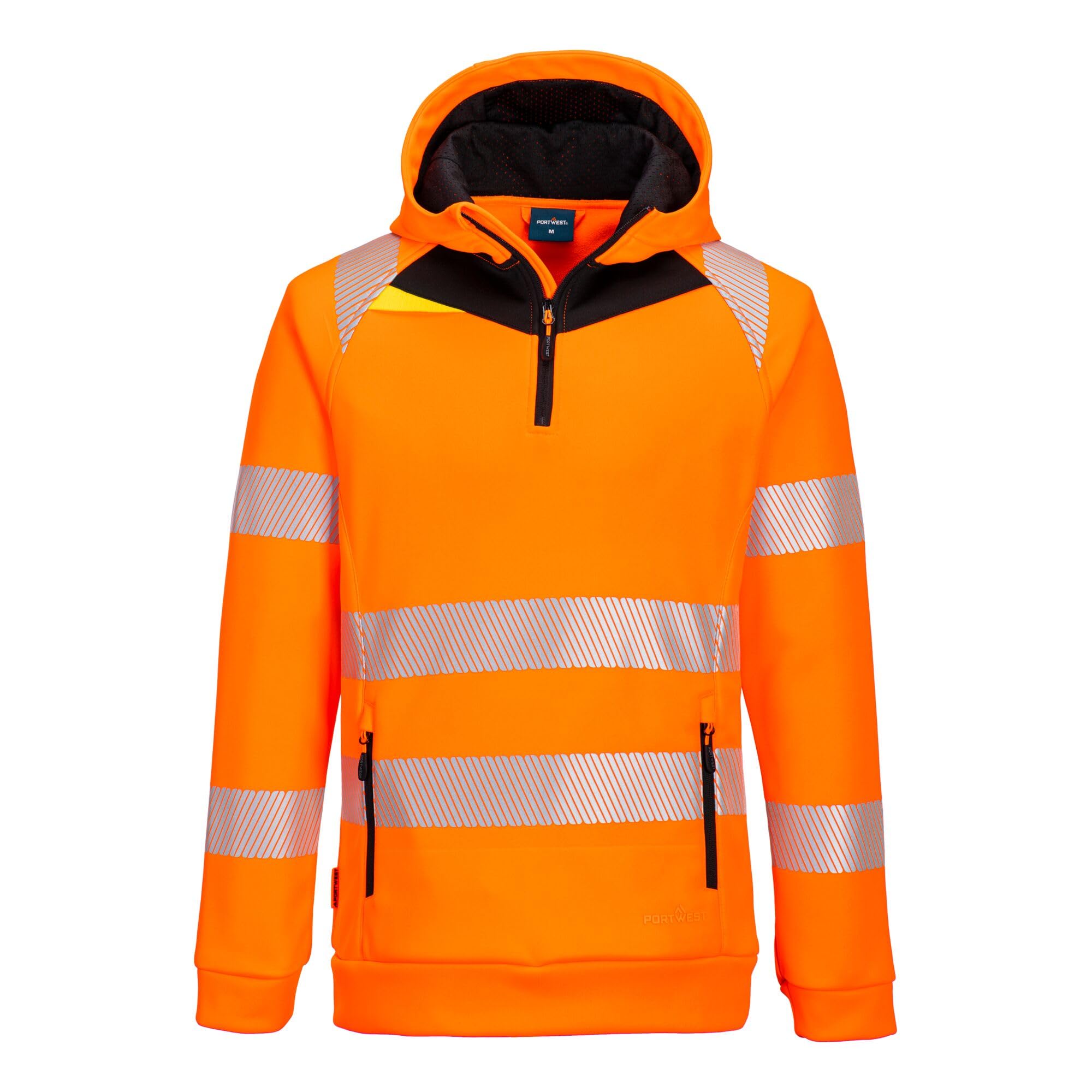 Portwest DX482 DX4 Hi Vis Quarter Zip Hoodie Bonded Fleece Stretch Fabric Segmented Reflective Tape Slim Fit Adjustable Hood Multi Pocket Certified Safety Rail Compliant, Orange/Black, M