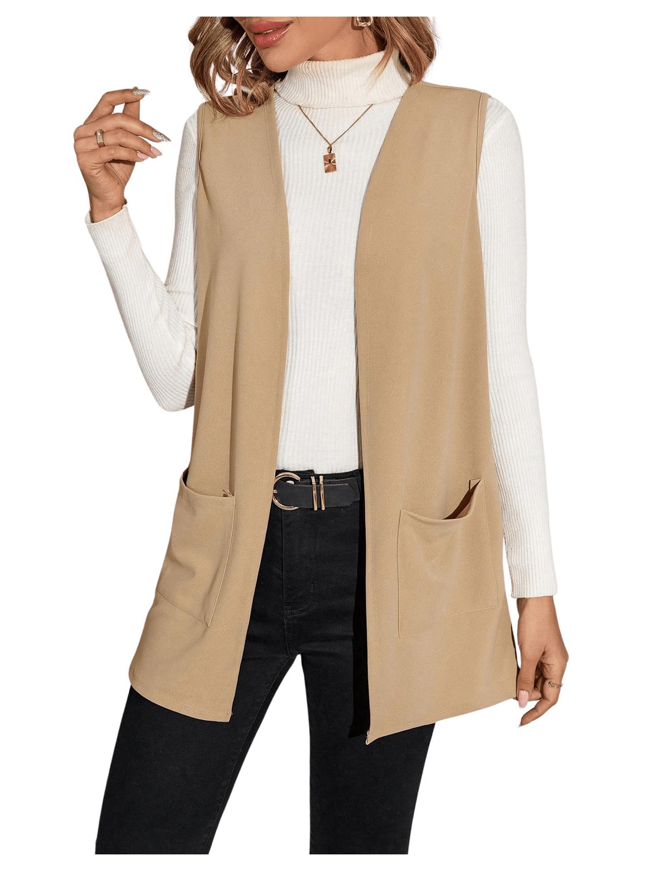 WDIRARA Womens Open Front Blazer Jacket Vest Sleeveless Waistcoat Coat
