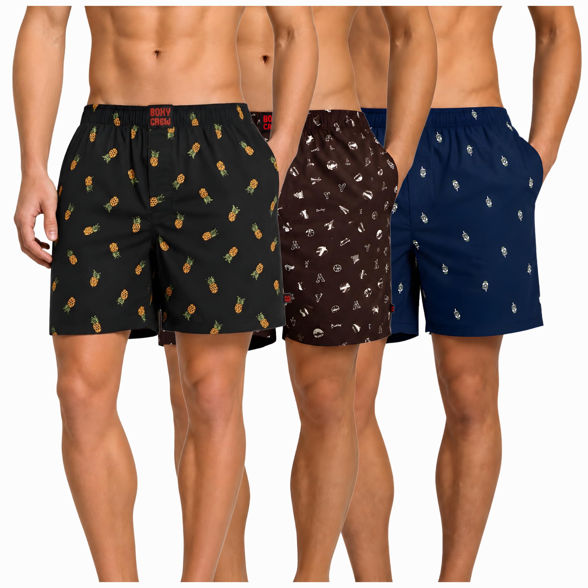 Men's 100% Cotton Boxer Shorts Pack of 3, Charcoal, Brown & Navy Blue | Woven Boxers with Side Pockets, No-Marks Elastic Waistband, Breathable Relaxed Fit | Style 004-005-011-image-35