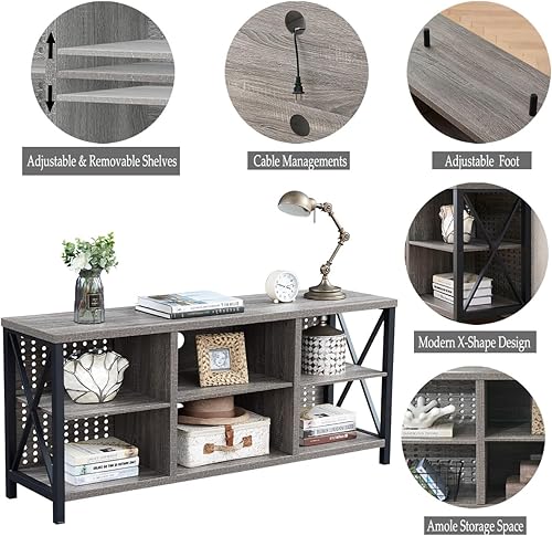 Miniatura 21 de LVB Centro de entretenimiento rústico para TV de 65 pulgadas, soporte de TV industrial de madera y metal con estante de almacenamiento, mesa consola