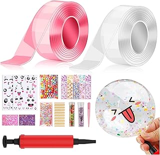 2 Rolls Nano Tape Bubble Tape,Self-Adhesive Nano Tape Bubble,30 Pieces Nano Tape Bubbles Set,Sequins DIY Waterproof Blow Bubble Craft for Adults Children (Transparente+Pink)