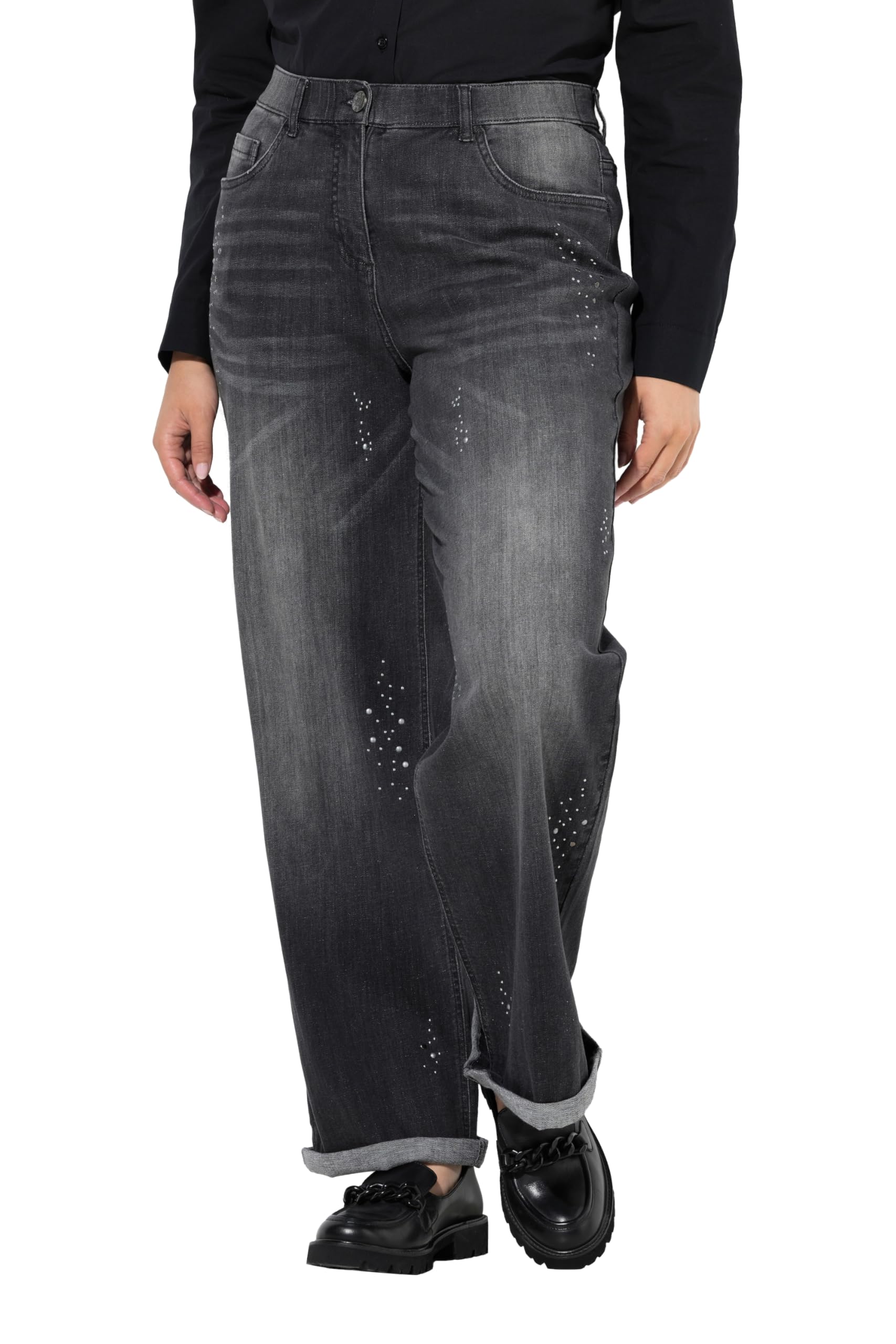 Ulla Popken Damen große Größen Übergrößen Plus Size Jeans Mary, Ziernieten, weites Bein, Komfortbund 844963