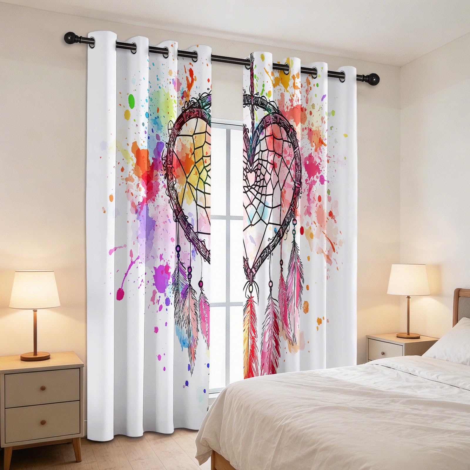 91,5 x 214 cm Termiczne zasłony zaciemniające zestaw 2 sztuk, akwarelowe pióra łapacza snów, zasłona zaciemniająca z oczkami do sypialni, redukcja hałasu, biała
