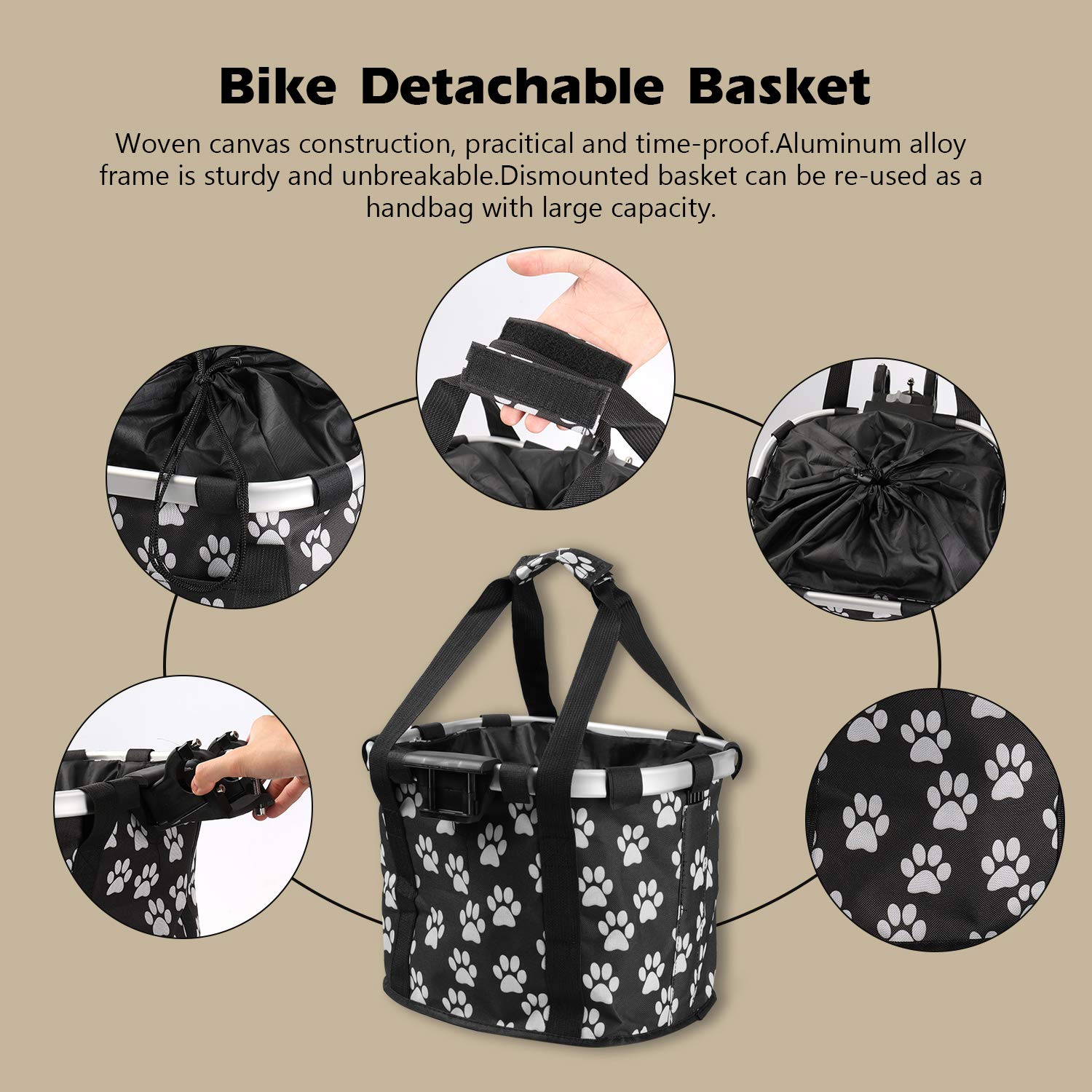 ACAGALA Bike Detachable Basket Bicycle Front Pet Bag Canvas Front Bag Aluminum Alloy Frame Pet Basket