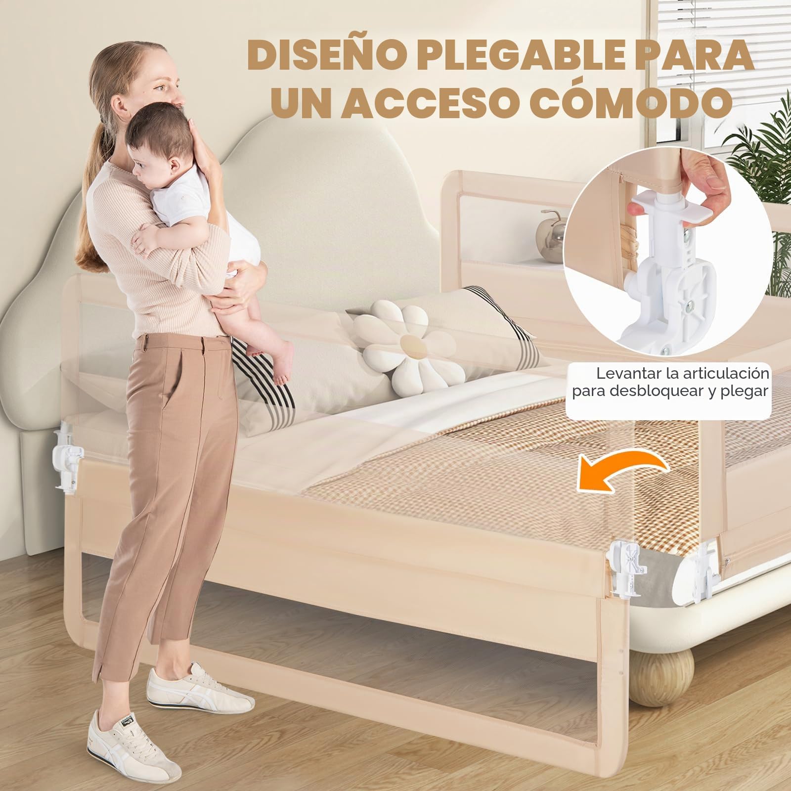 RELAX4LIFE Barrera Seguridad Niños Cama Plegable 150/180cm con Correas de Seguridad y Funda Tela Oxford Removible, Barandilla Cama Niño para Cuna, Cama Gemelo/Doble/Queen&King (Beige,180 x 41 x 55 cm)