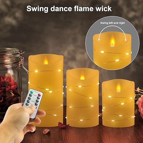 Miniatura 6 de Jhiin Velas sin llama con tira de luz, juego de 3 velas LED parpadeantes con control remoto (Altura 4 pulgadas, 5 pulgadas, 6 pulgadas de diámetro