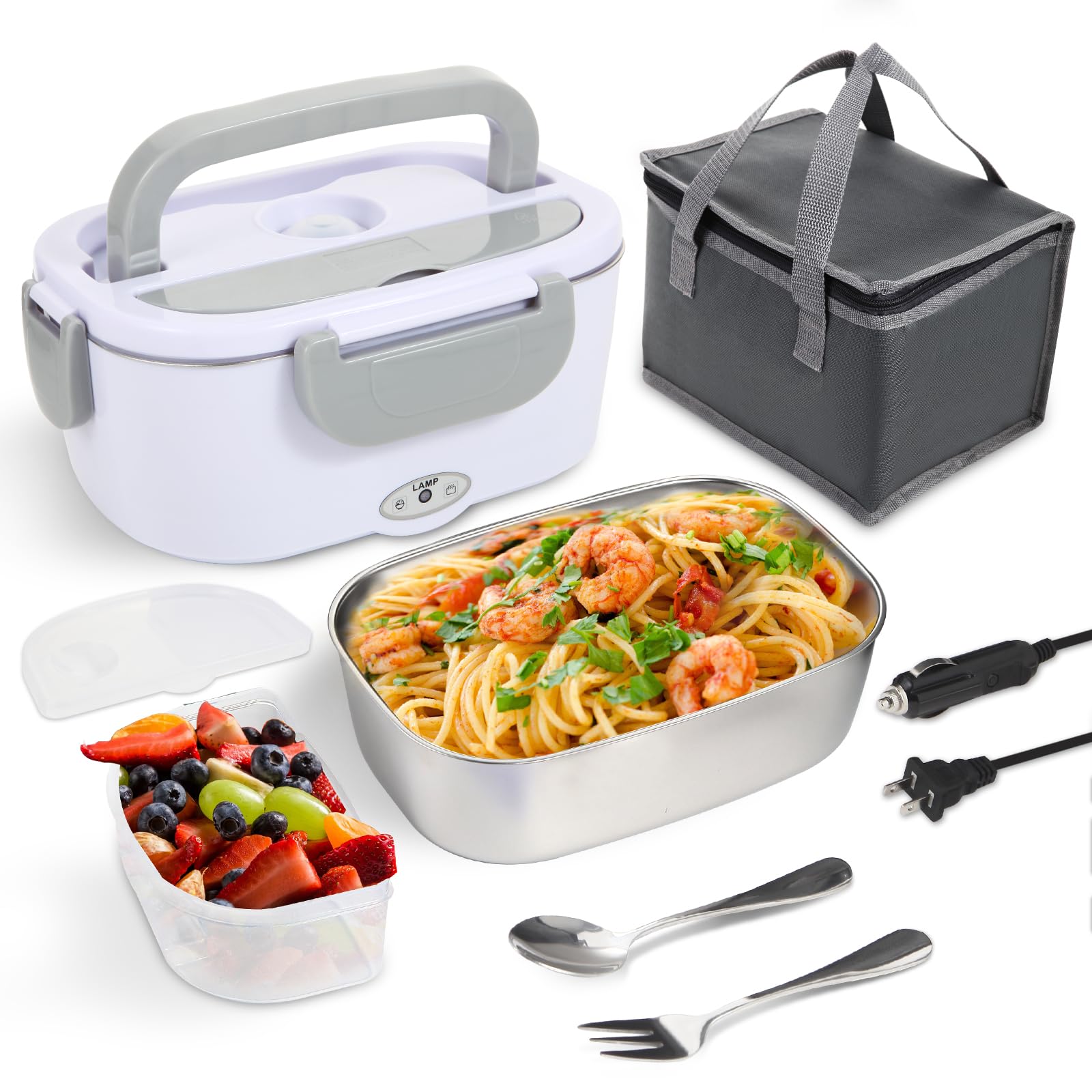 SOHIDA Fiambrera eléctrica para alimentos, color blanco | 80 W, 12 V, 24 V, 110 V, portátil para el trabajo de coche, camión, contenedor extraíble de acero inoxidable 304