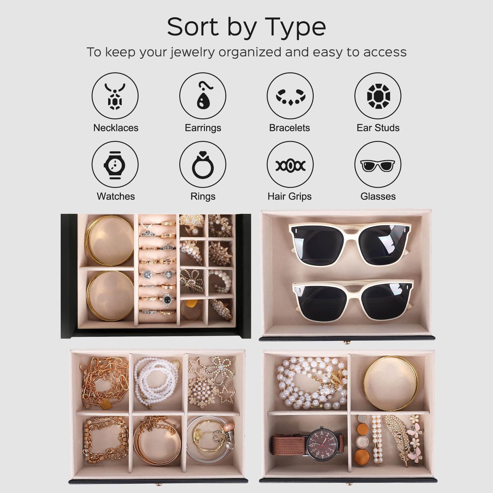 Dajasan Large Jewelry Box for Women, Jewelry Organizer Box with 3 Drawers, Jewelry Storage Organizer with Mirror for Necklace Ring Bracelet Watch, Gift Idea, 8.7 x 7.5 x 9.8 Inches (Black)