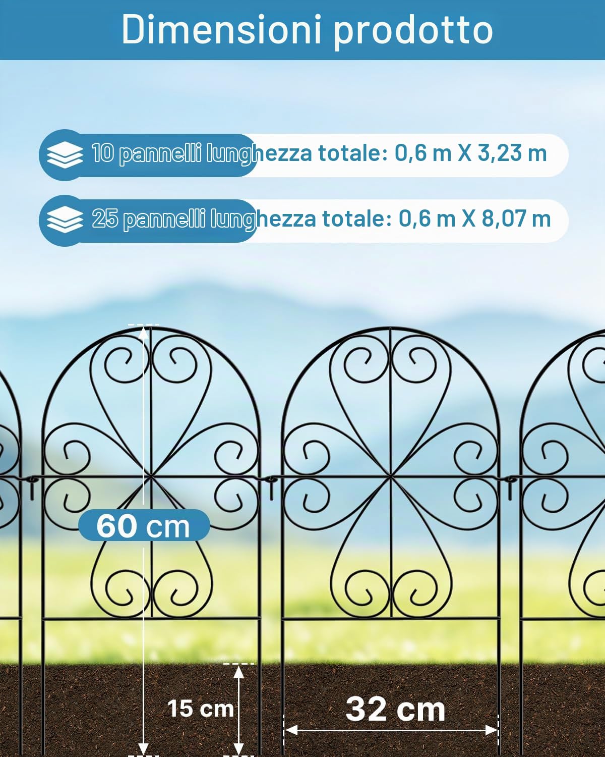 ARIFARO Recinzione da Giardino in Metallo, 59cm A x 32cm L, Lunghezza Totale 8 m, 25 Pannelli, Barriera per Piccoli Animali, Bordo Decorativo per Cortile e Giardino