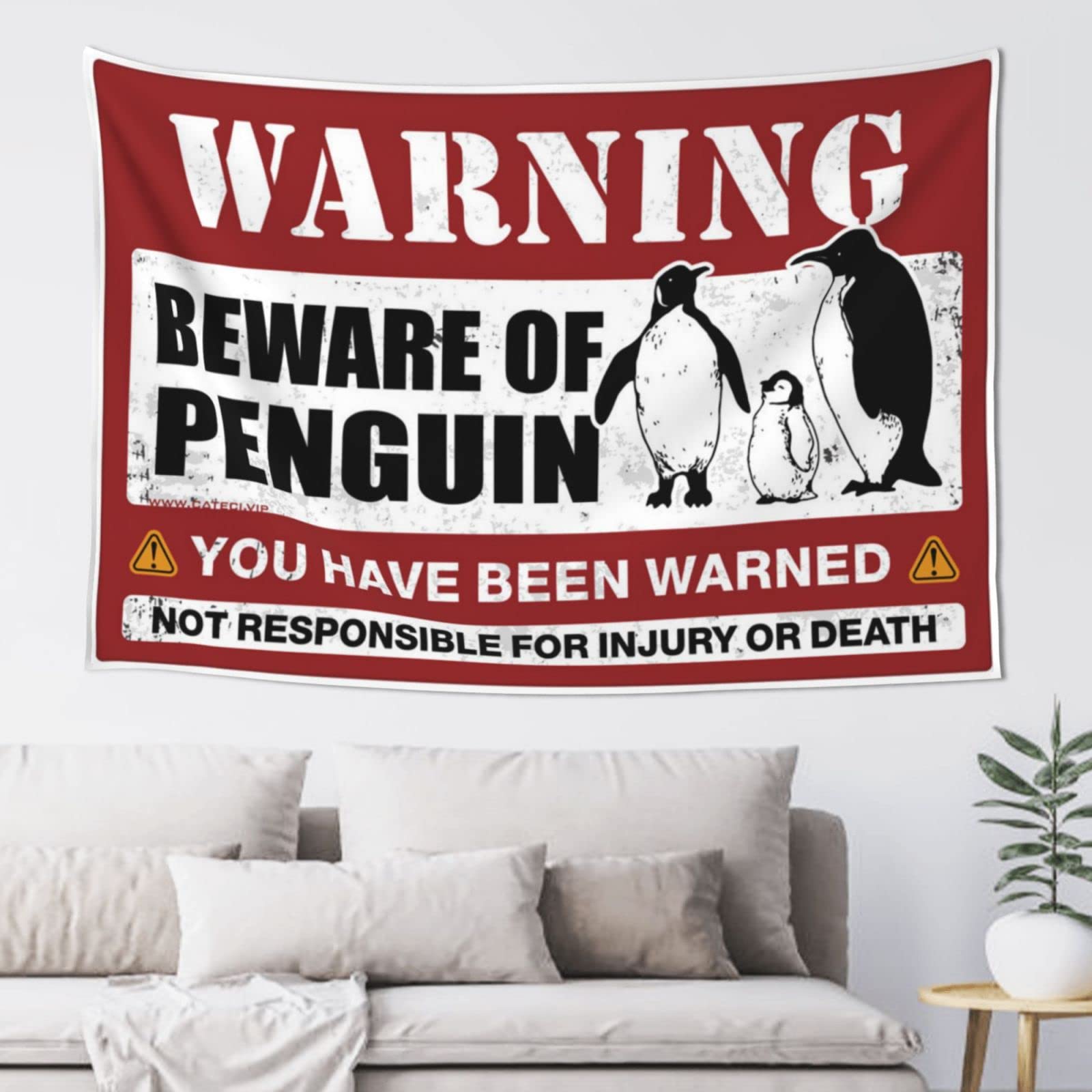 PRAVOXI Tapestry For Wall Beware Of Penguin Tapestry Stuff For Boys Room Funky Decor(75X100CM)