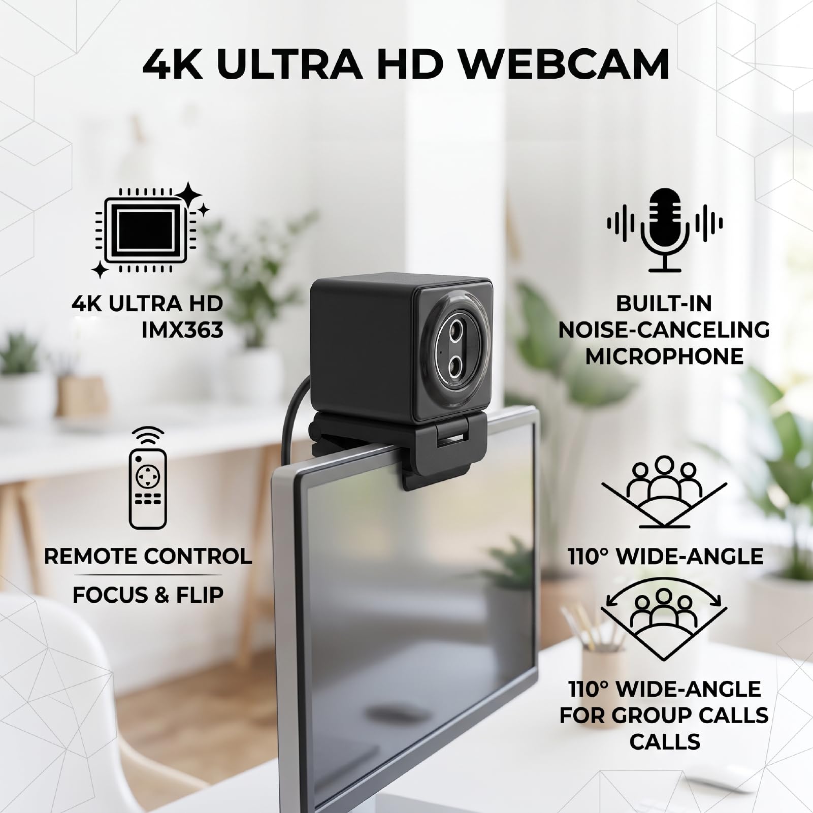 BRRNOO Kamera Internetowa 4K z Pilotem, Obiektyw Szerokokątny 110° (BLACK)