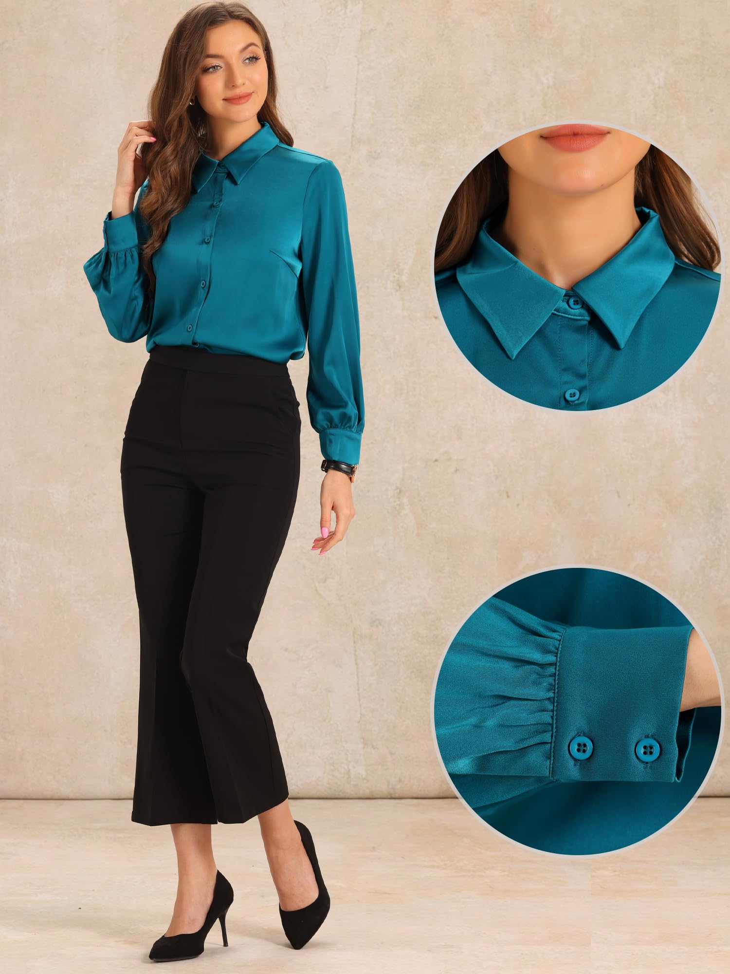 Allegra K Femme Blouse Satinée Manches Longues Boutonnée Travail | Toucher Soyeux Points de Conception Multiples Bureau Affaires Décontracté Haut Polyvalent