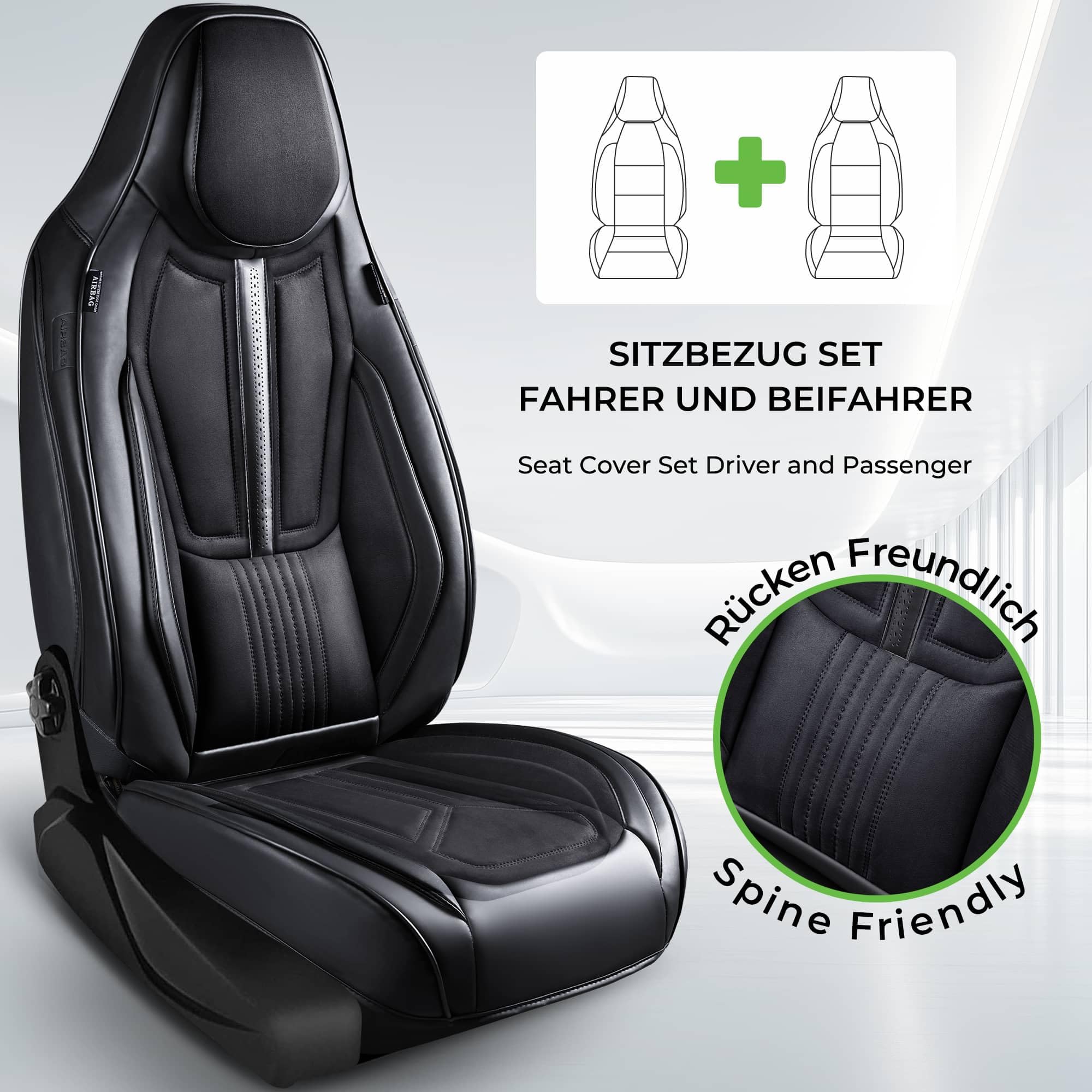 Autositzbezüge Universal für PKW, SUV – Premium Vordersitzbezüge Schwarz, hochwertig verarbeitet für mehr Sitzkomfort, Airbag-kompatibel, Schonbezüge für Fahrer & Beifahrersitz mit Rückentasche